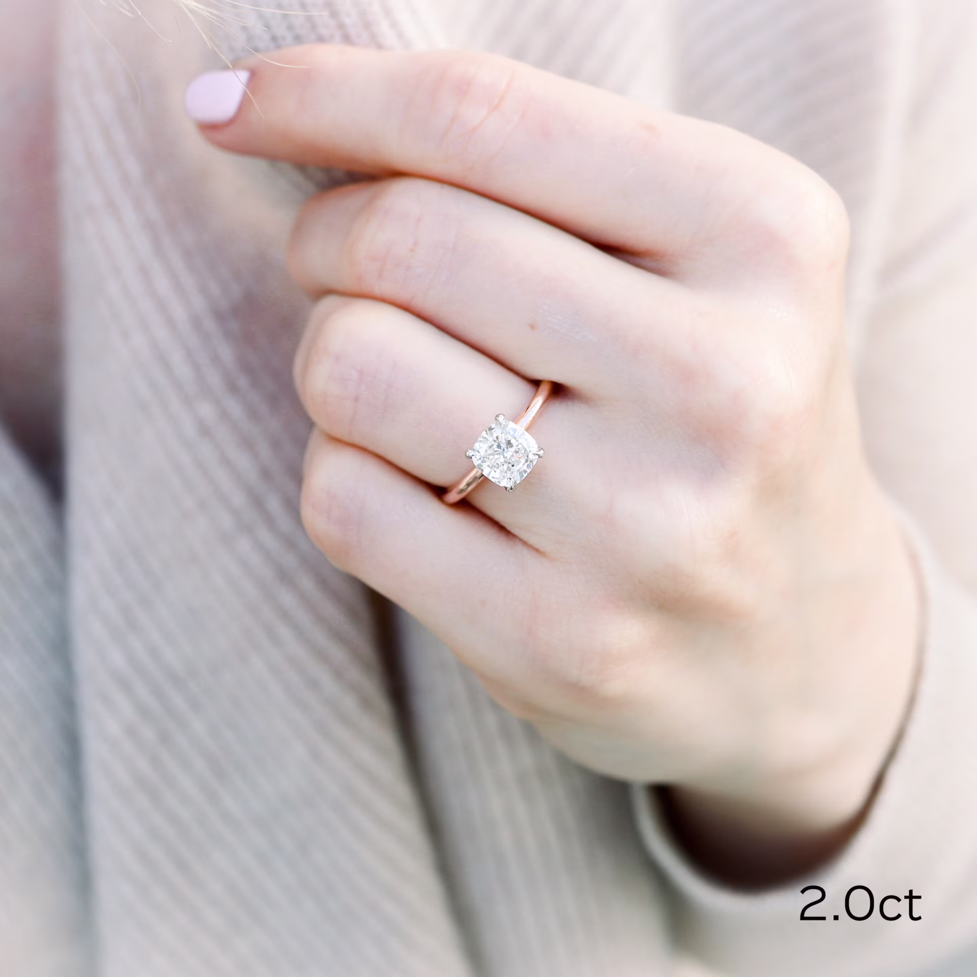 White and Rose Gold 2 Carat Cushion Cut Lab Diamond Solitaire Engagement Ring Ada Diamonds Design AD-335 on Model