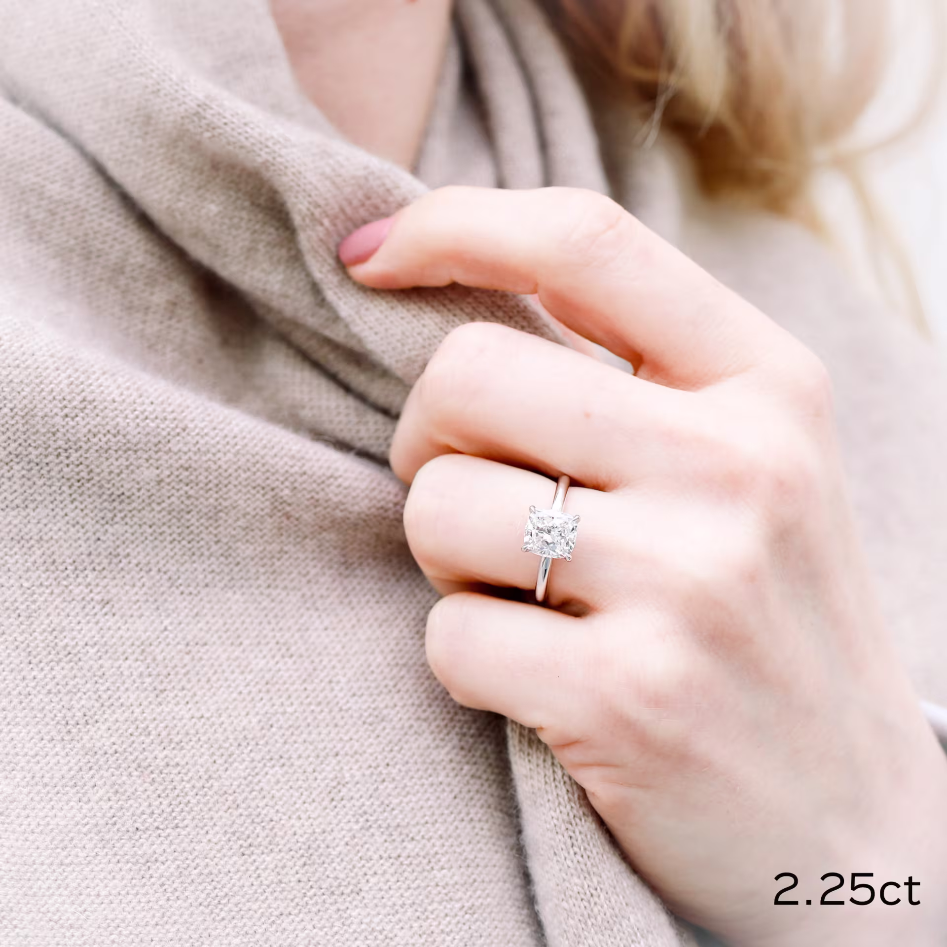 2.25ct cushion cut lab diamond in classic four prong solitaire