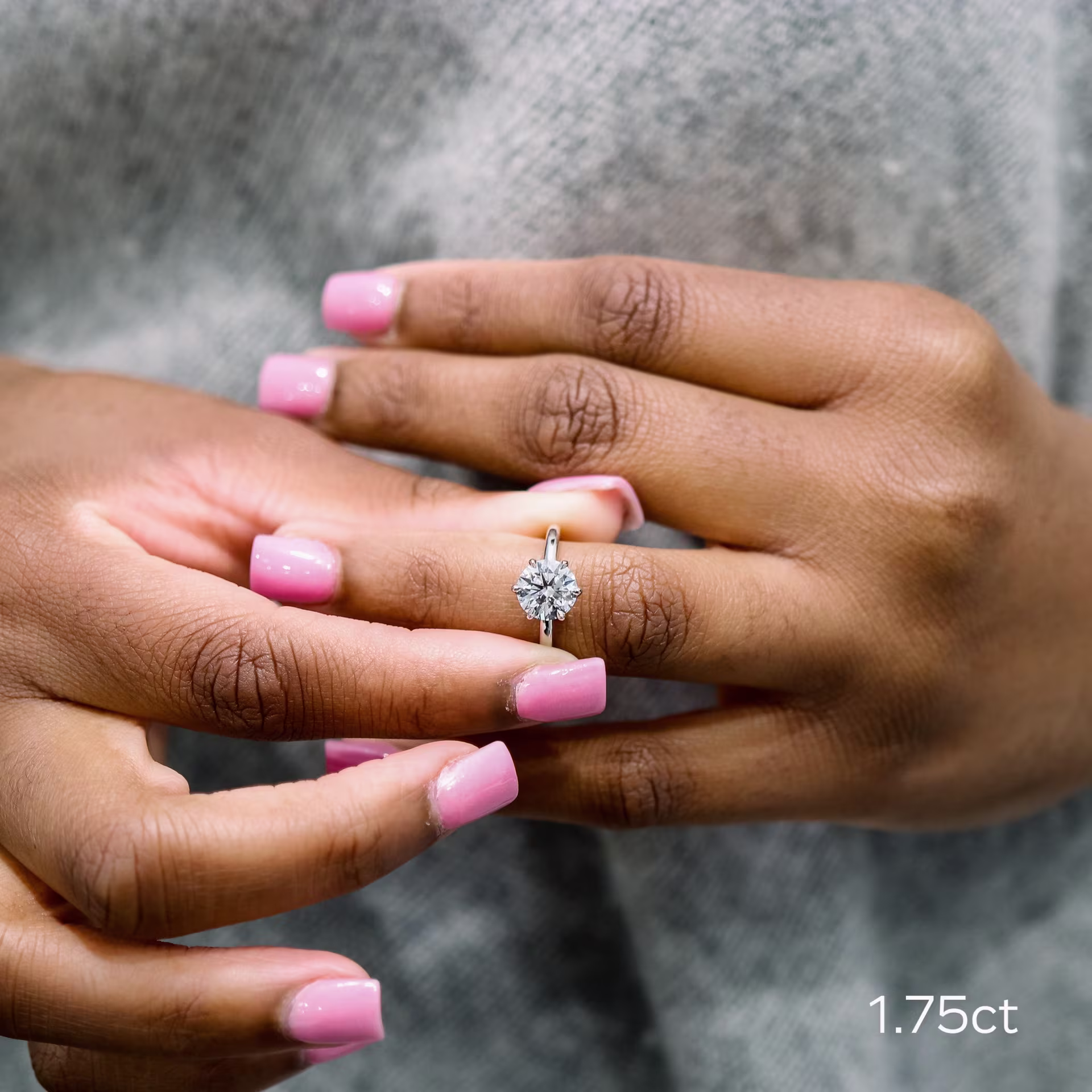 18k White Gold 1.75 Carat Round Brilliant Six Prong Solitaire Ring made with Lab Diamonds Ada Diamonds Design Number AD-67 on Model