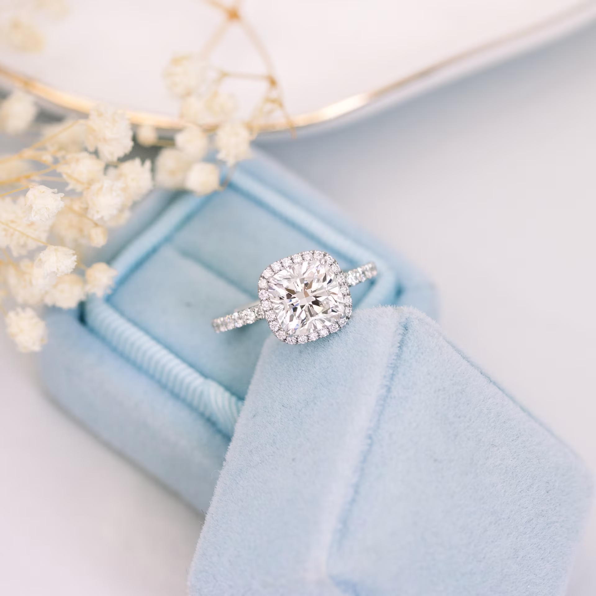 2ct Cushion Cut Manmade Diamond Halo Ring with Diamond Band Ada Diamonds Design AD-364 Floral Background