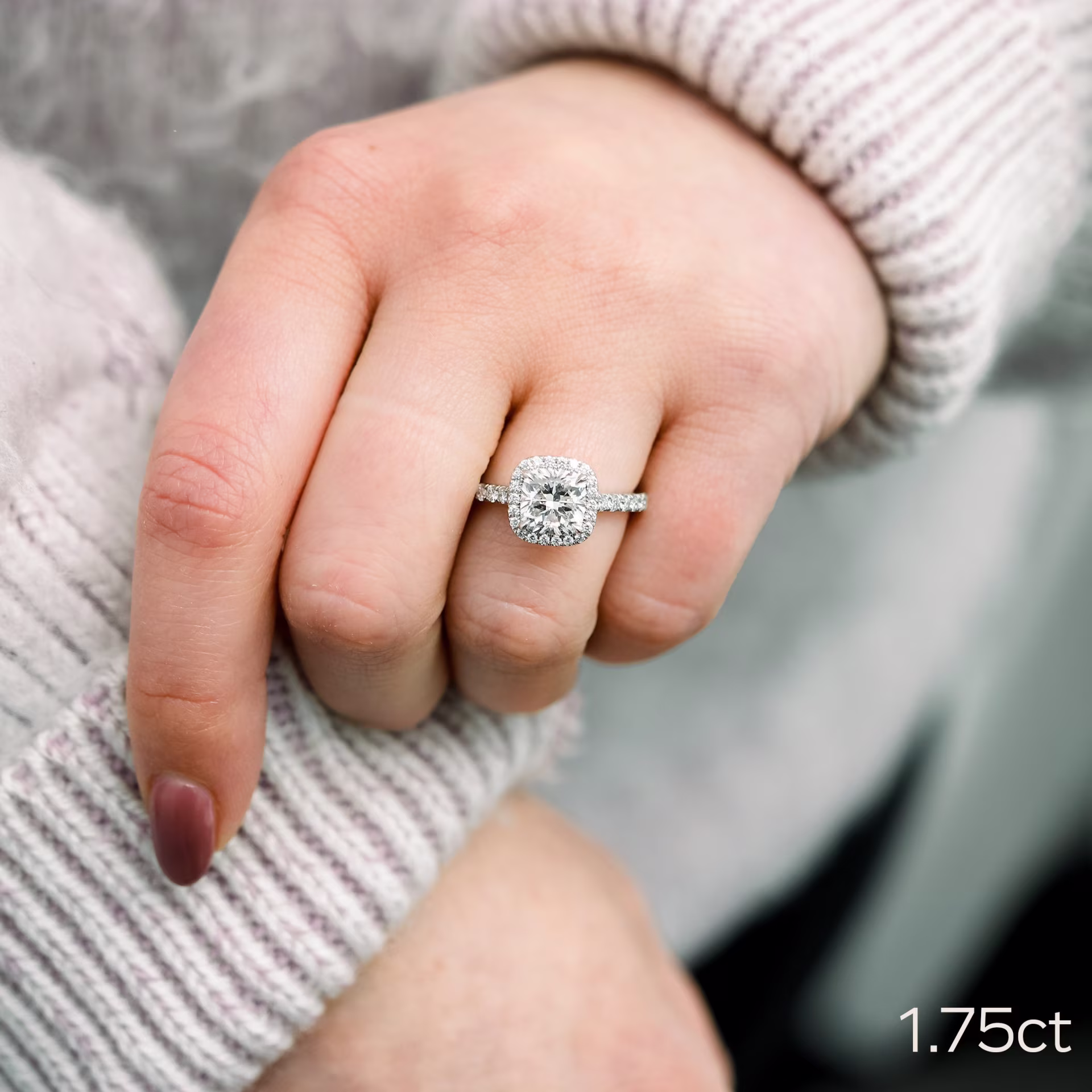 1.75ct cushion cut lab diamond in halo pave