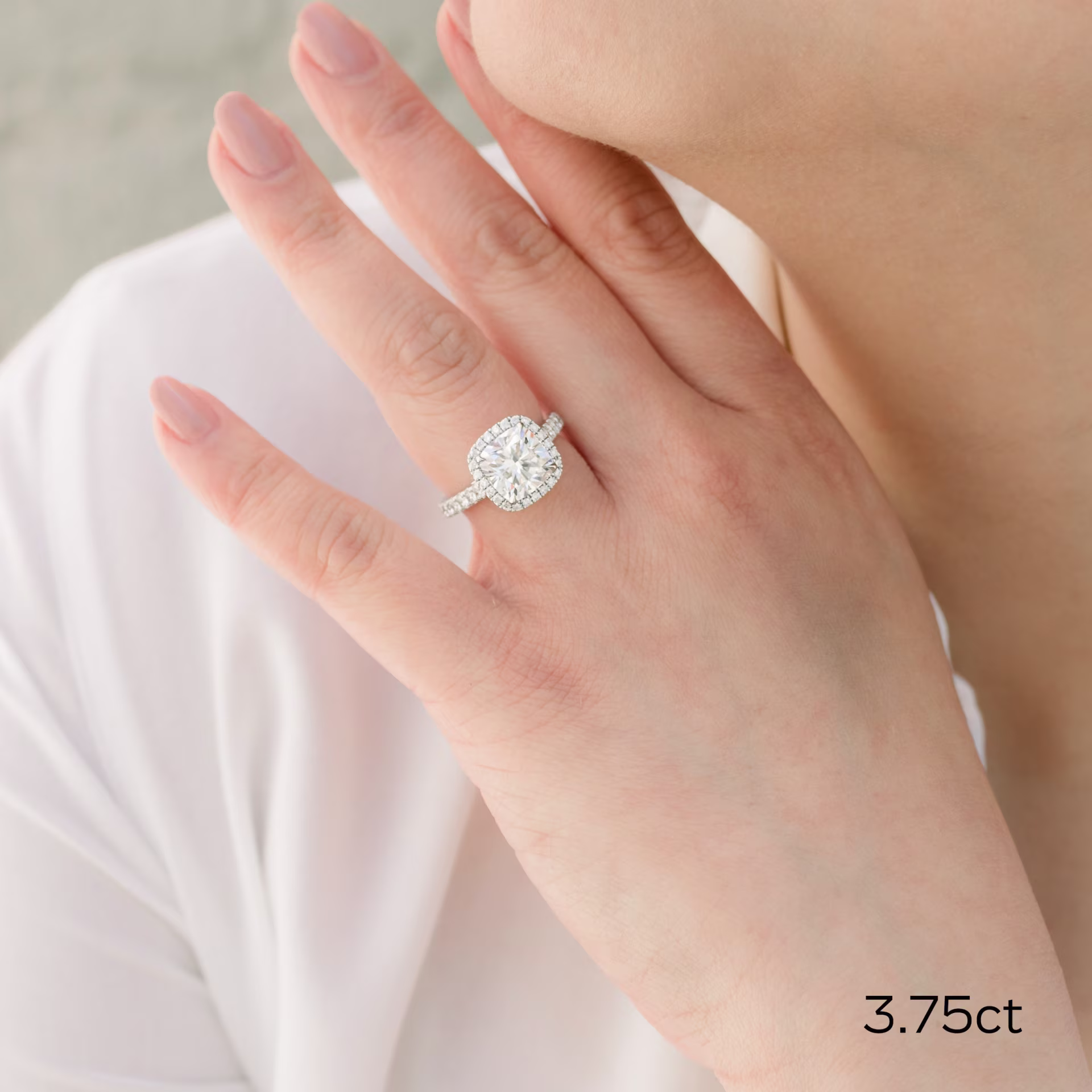 platinum cushion cut halo pavé engagement ring with lab diamonds on model design ad 364