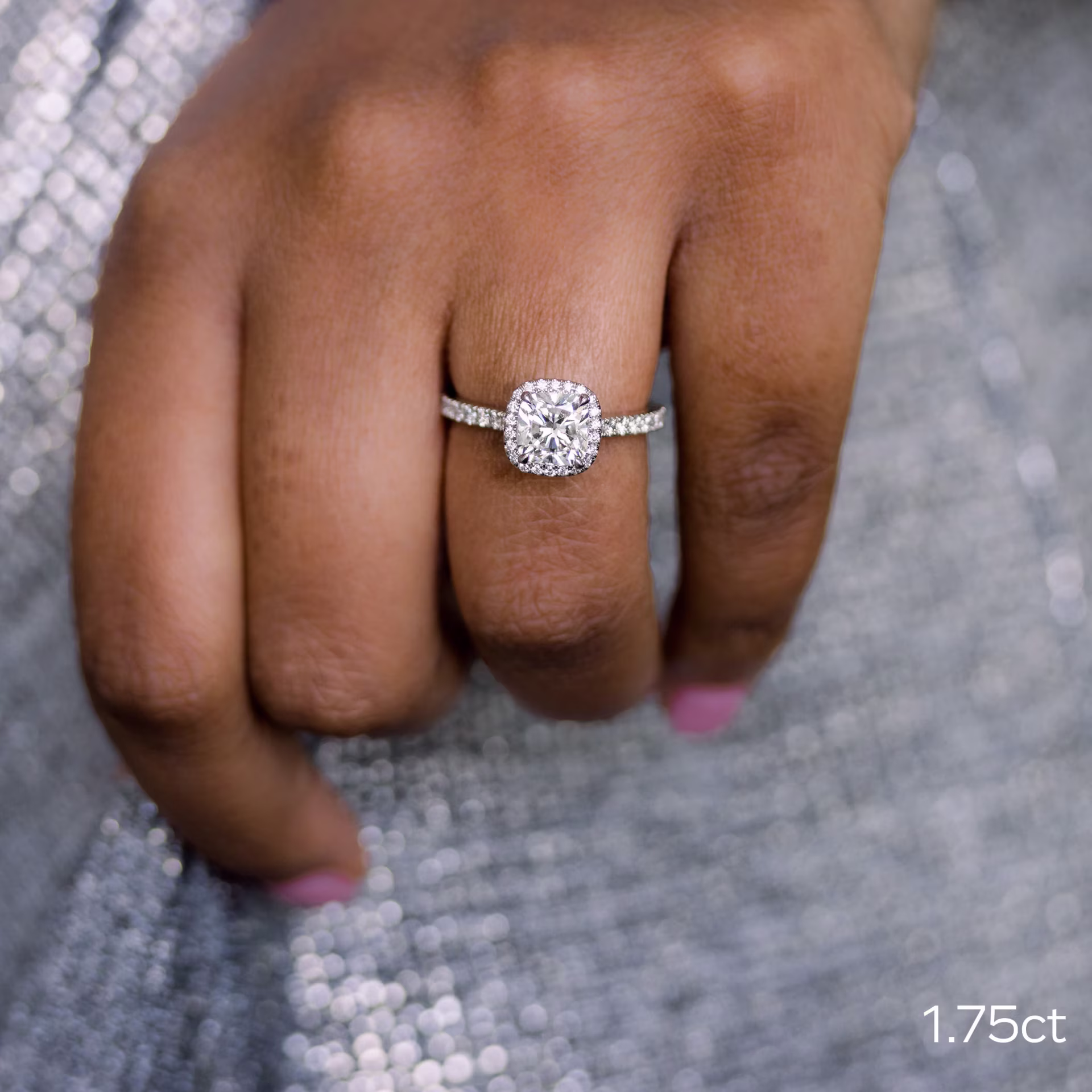 Platinum 1.75ct Cushion Cut Laboratory Grown Diamond Ring with Halo and Diamond Band Ada Diamonds Design AD-364 on Model