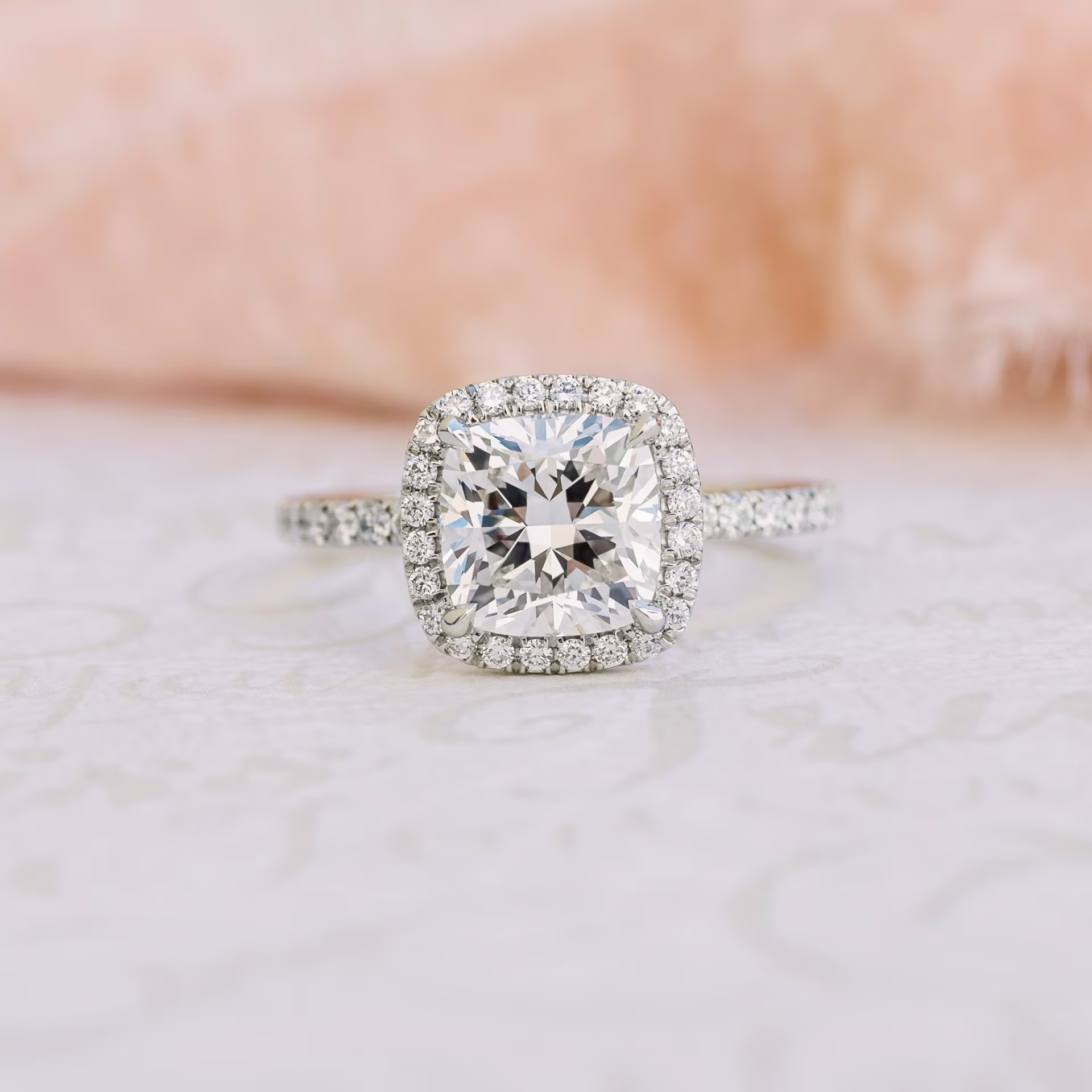 Platinum 3 Carat Square Cushion Cut Lab Diamond Halo Ring with Diamond Band Ada Diamonds Design AD-364 Macro