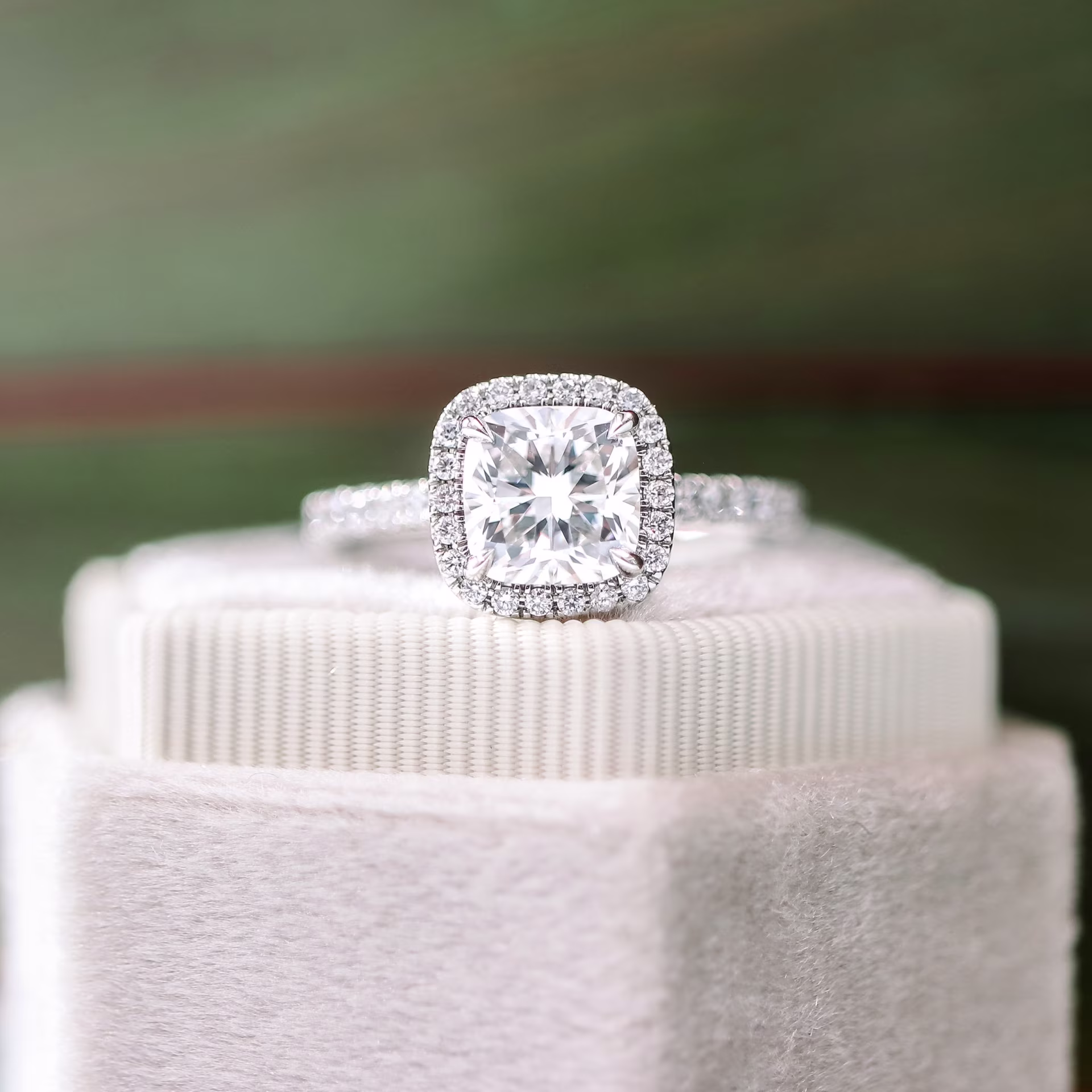 lab created cushion cut diamond in halo setting