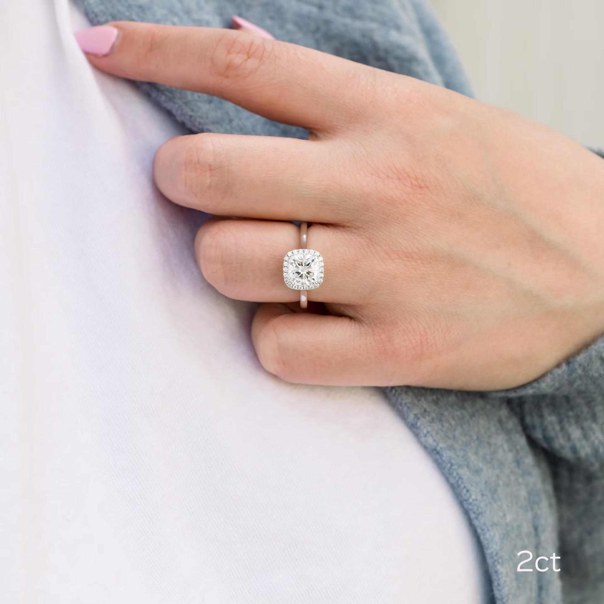 2 carat cushion cut in a halo setting
