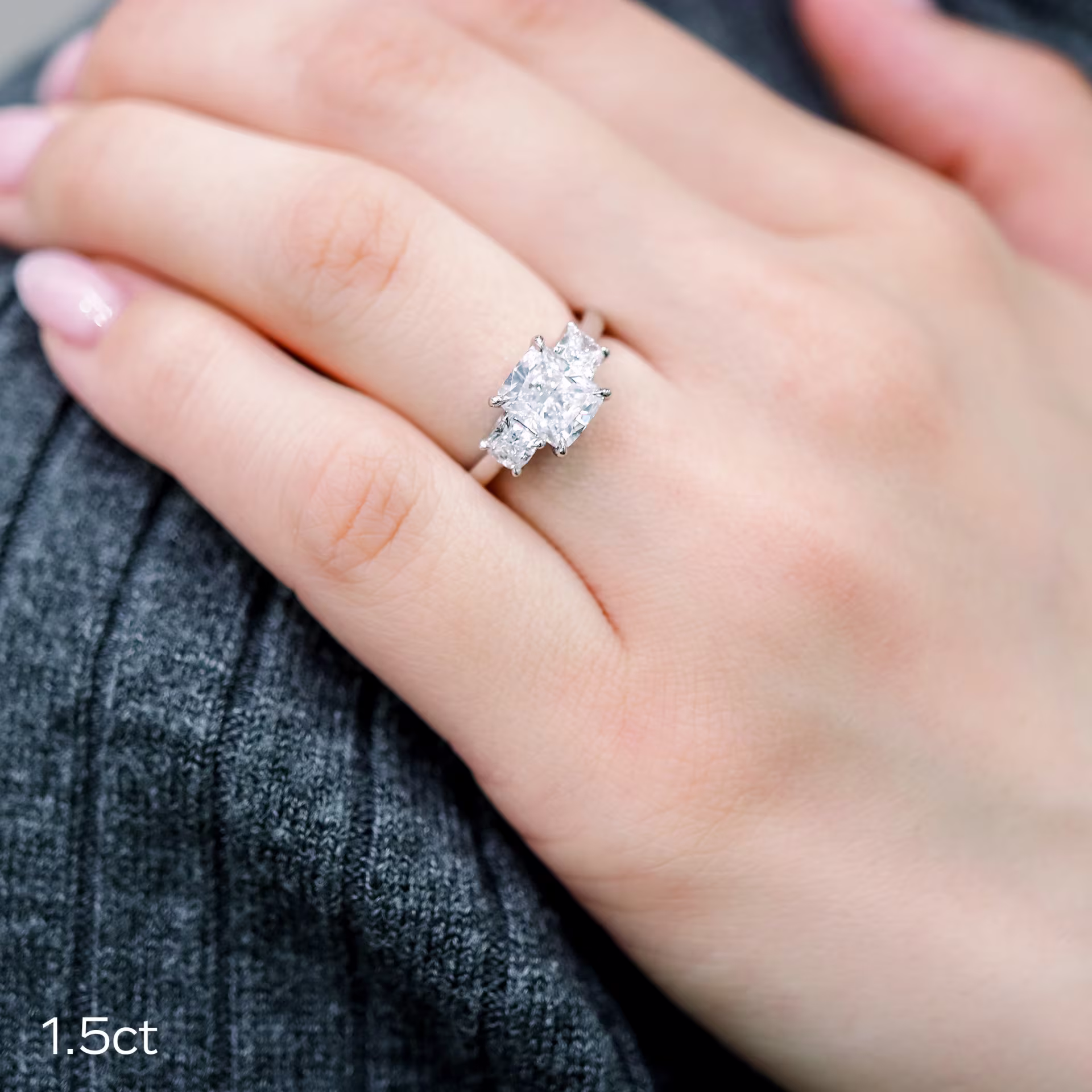 1.5ct lab grown cushion ring with cushion lab grown diamond side stones