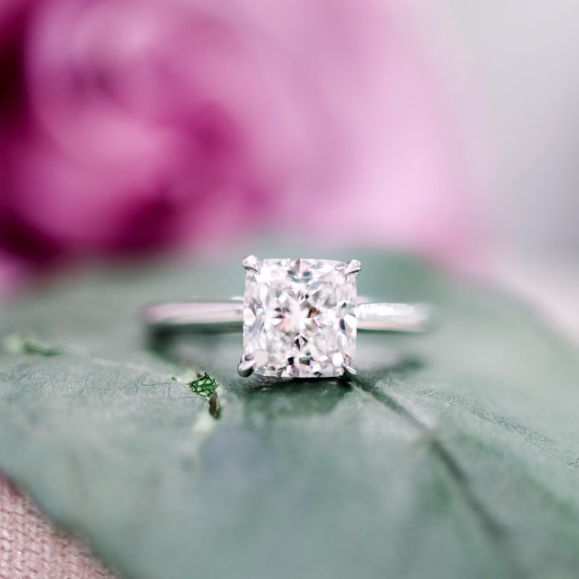 Platinum Cushion Trellis Solitaire Diamond Engagement Ring featuring High Quality 2.0 ctw Man Made Diamonds (Main View)