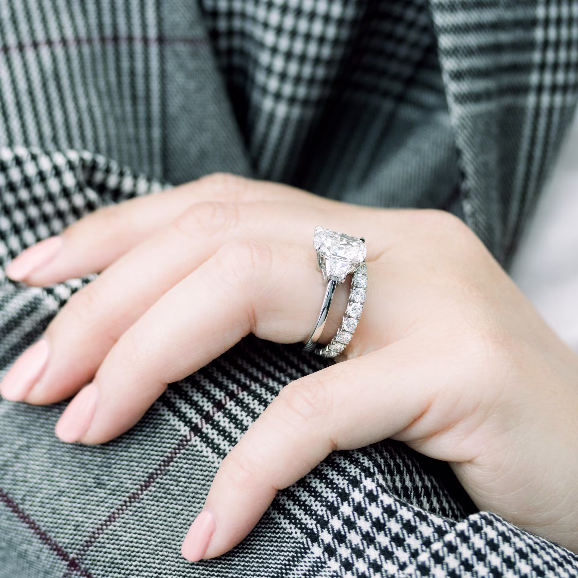 lab grown diamond wedding set with 3ct cushion cut and trapezoid three stone engagement ring and cushion eternity band ada diamonds design ad 475 and ad 271