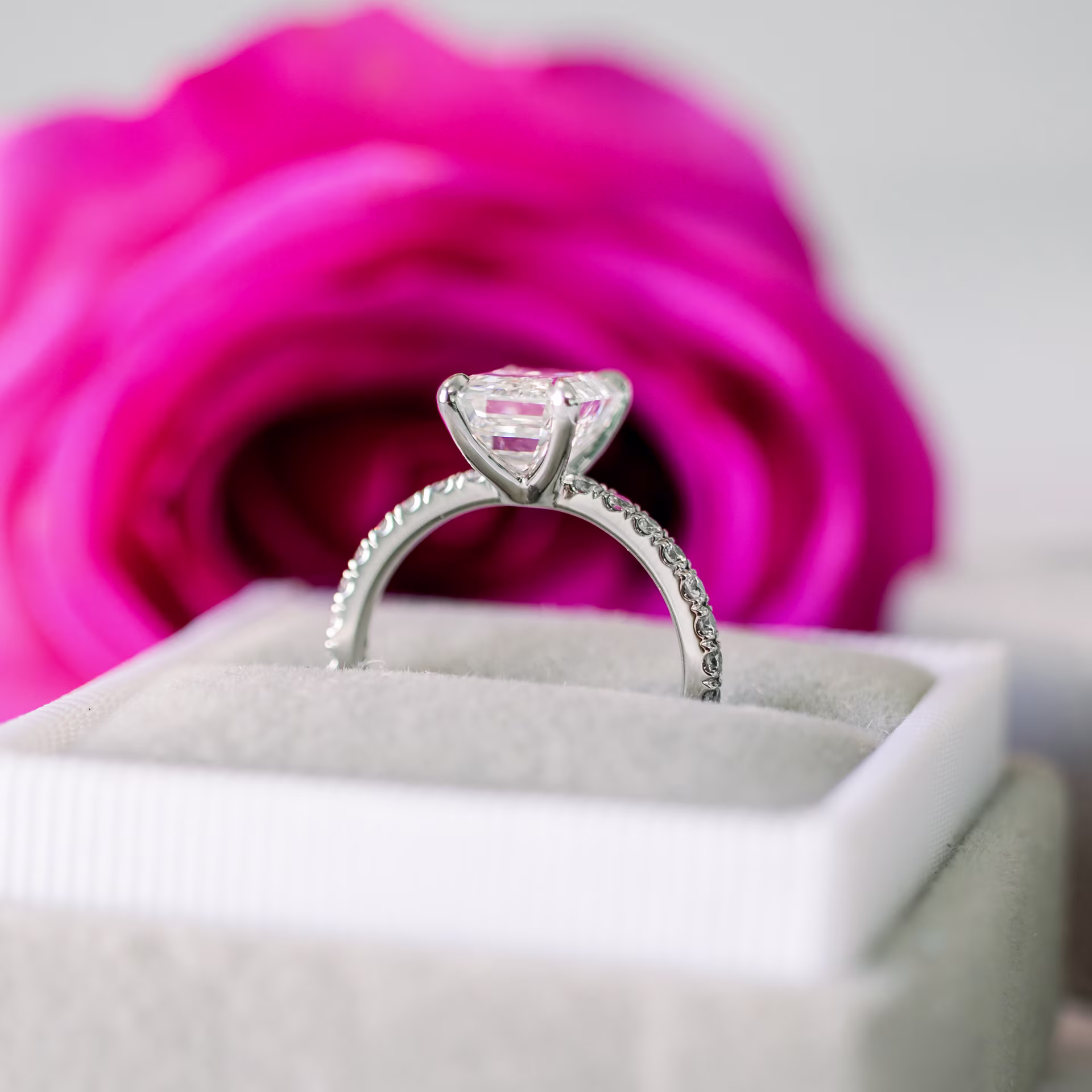 Platinum 2 Carat Emerald Cut Lab Created Diamond Classic Pavé Engagement Ring Ada Diamonds Design AD-351 Profile