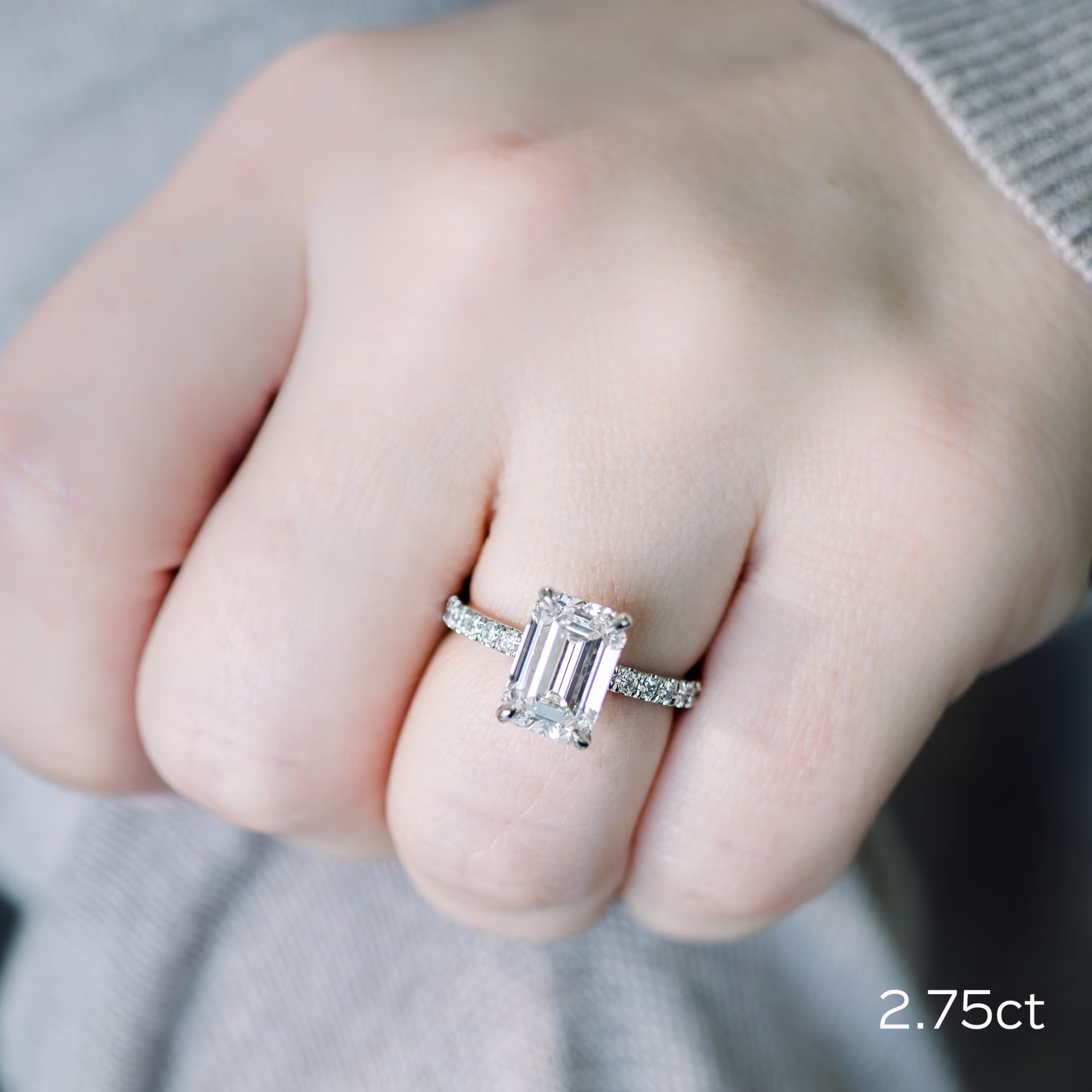 3 Carat Emerald Cut Engagement Ring with Diamond Band made with Lab Diamonds Ada Diamonds Design AD-351 on Model