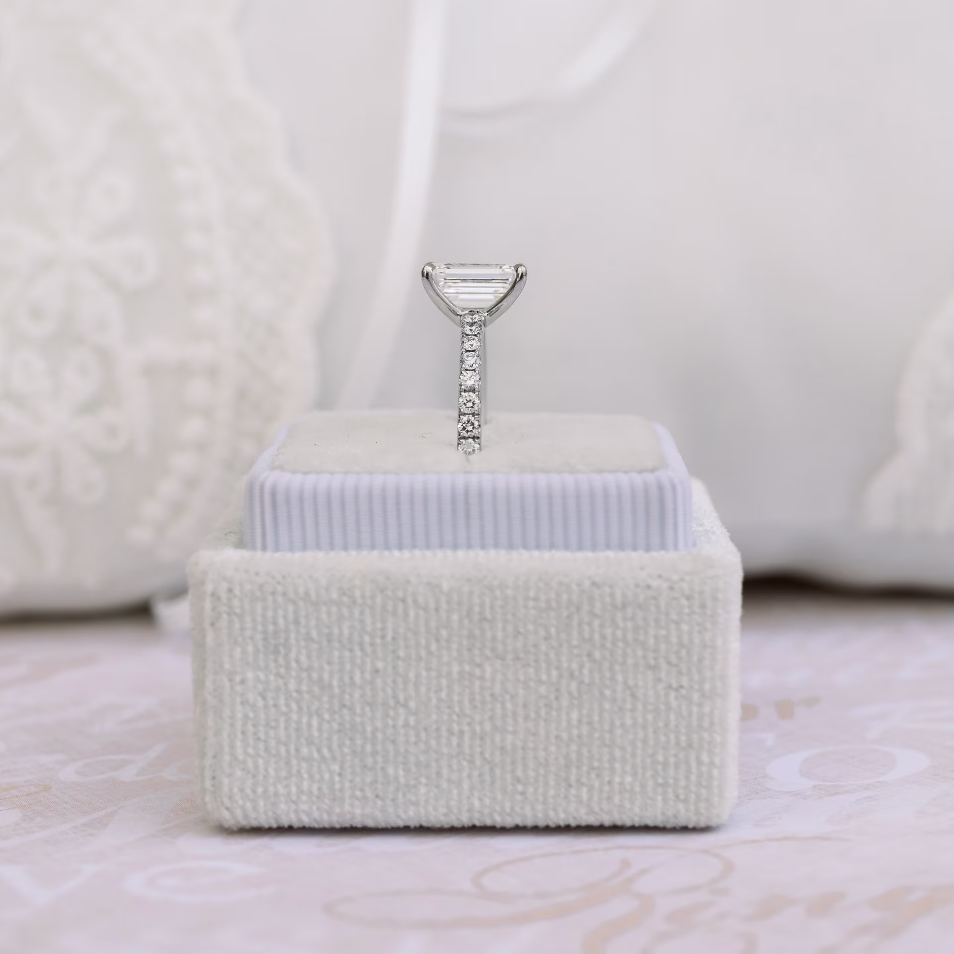 14k White Gold 1.5 Carat Emerald Cut Classic Pavé Engagement Ring Ada Diamonds Design AD-351 Profile View