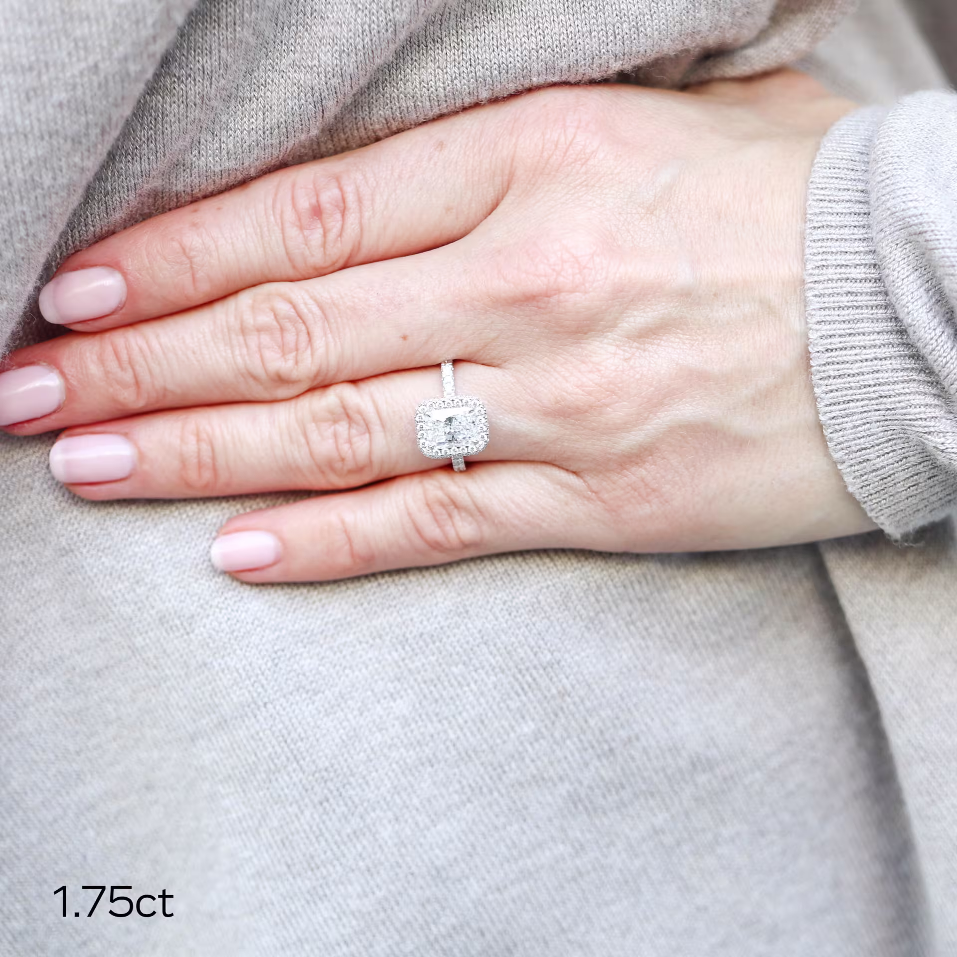 white gold 1.75ct radiant cut manmade diamond double sided halo engagement ring with diamond band ada diamonds design ad-213 on model