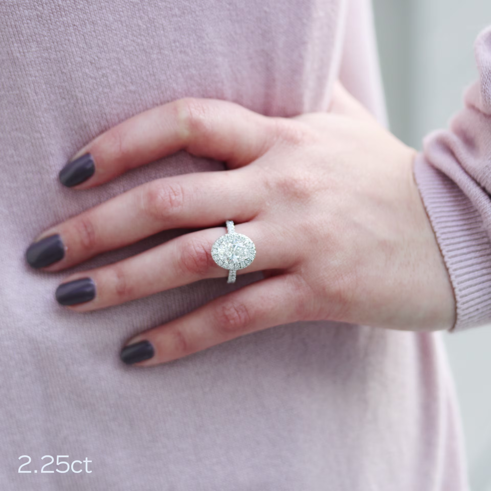 white gold 2.5 carat oval lab created diamond with double sided halo and diamonds on the band ada diamonds design ad-213 on hand