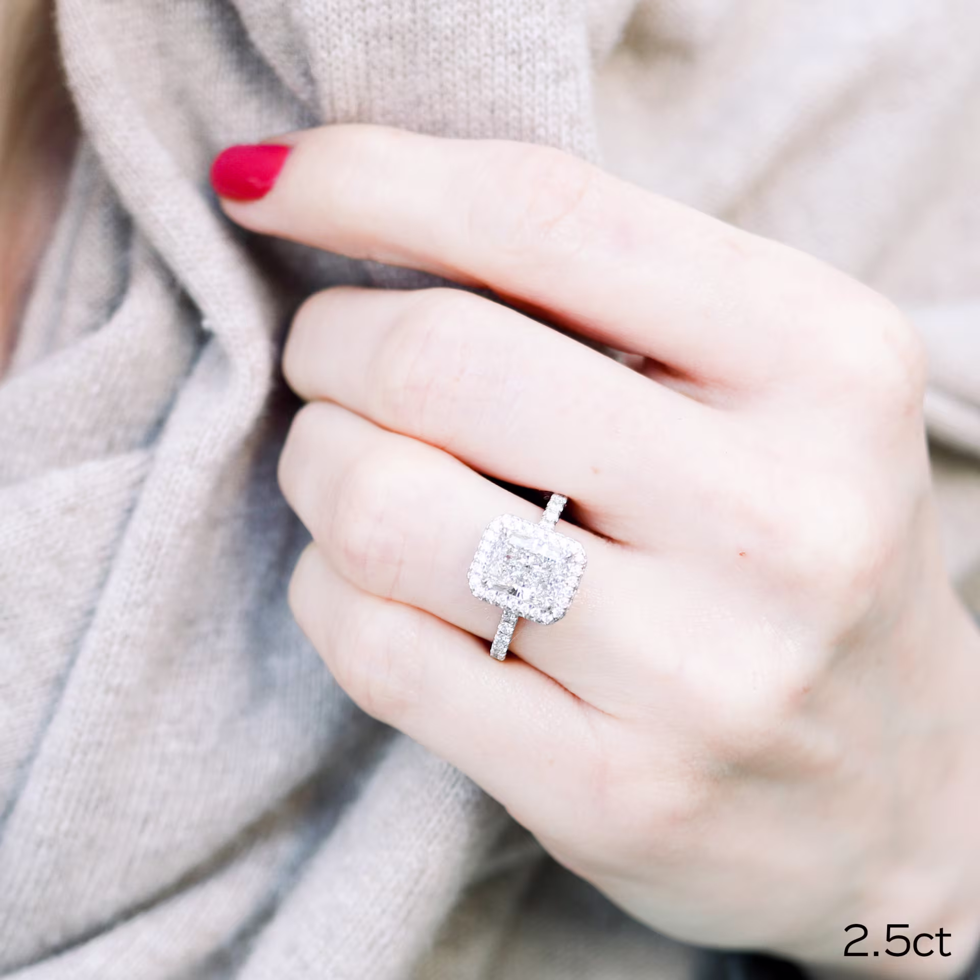 white gold 2.5carat radiant double sided halo pavé engagement ring with man made diamonds ada diamonds design ad-213 on model