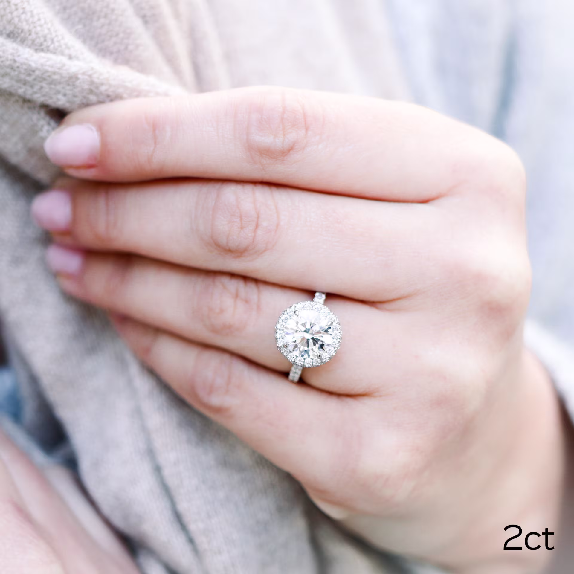 platinum 2 carat round double sided halo engagement ring made with lab grown diamonds ada diamonds design ad-213 on model