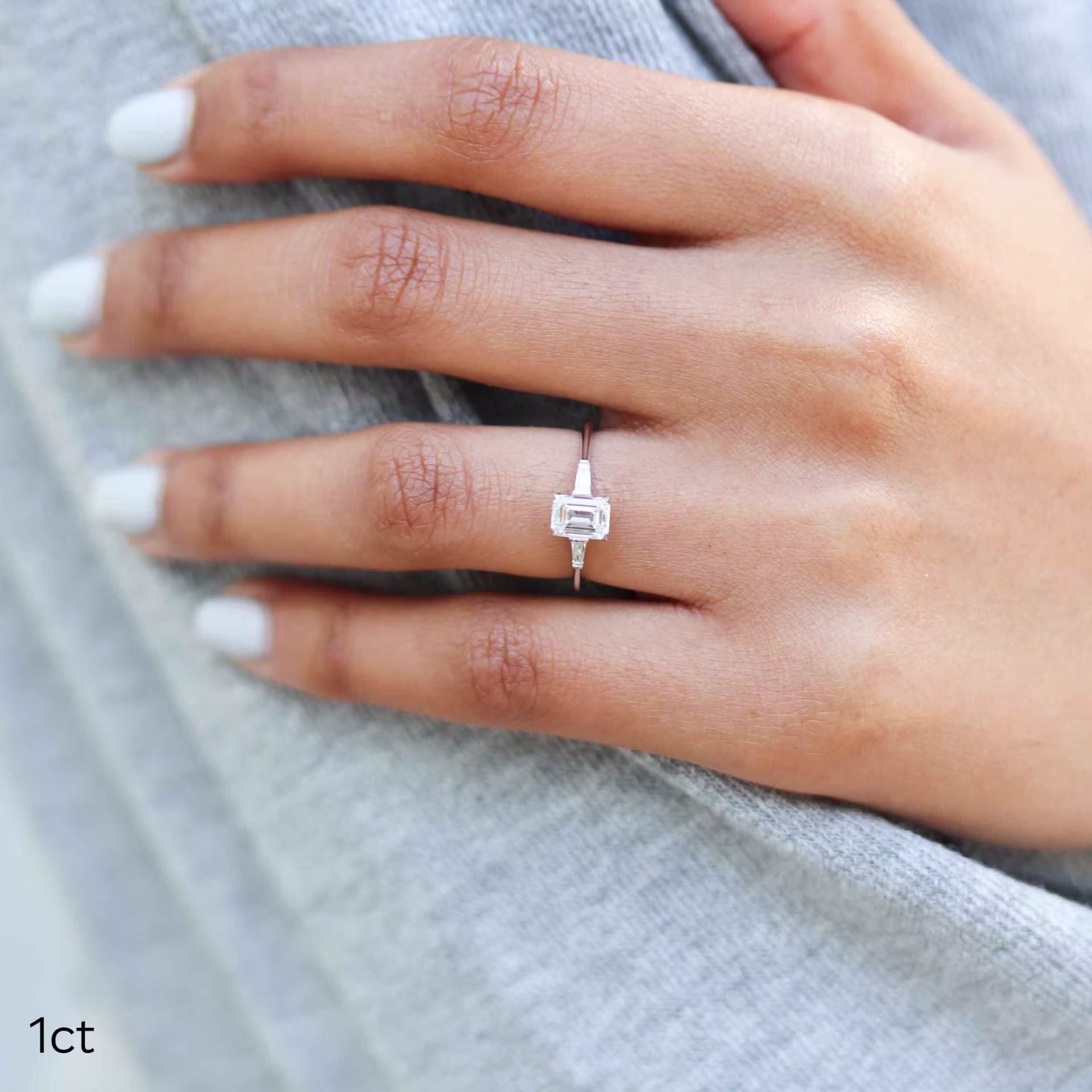 1ct emerald cut lab grown diamond ring with baguette side stones