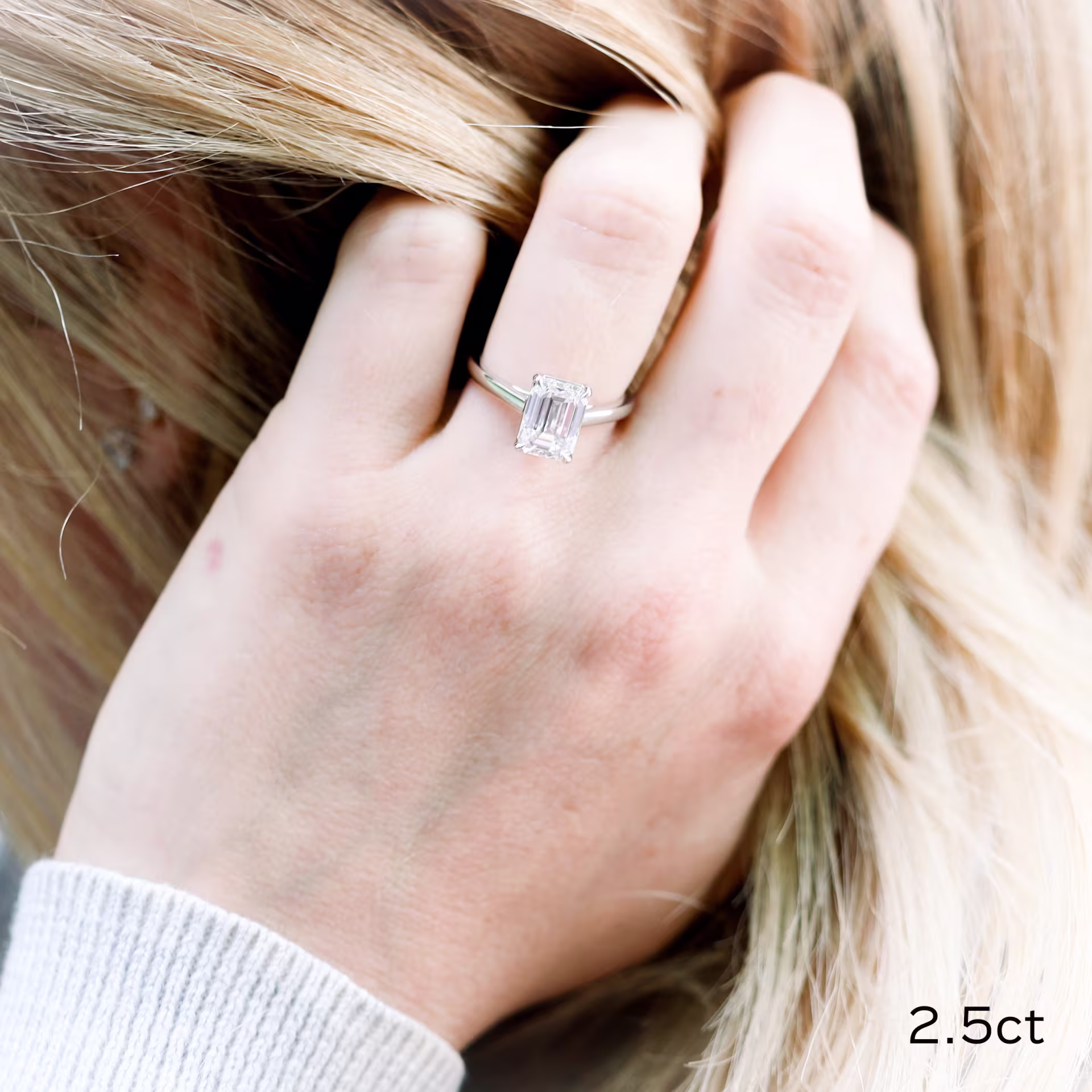 Platinum 2.5 Carat Emerald Cut Cathedral Solitaire Lab Diamond Engagement Ring On Model Ada Diamonds Design AD068