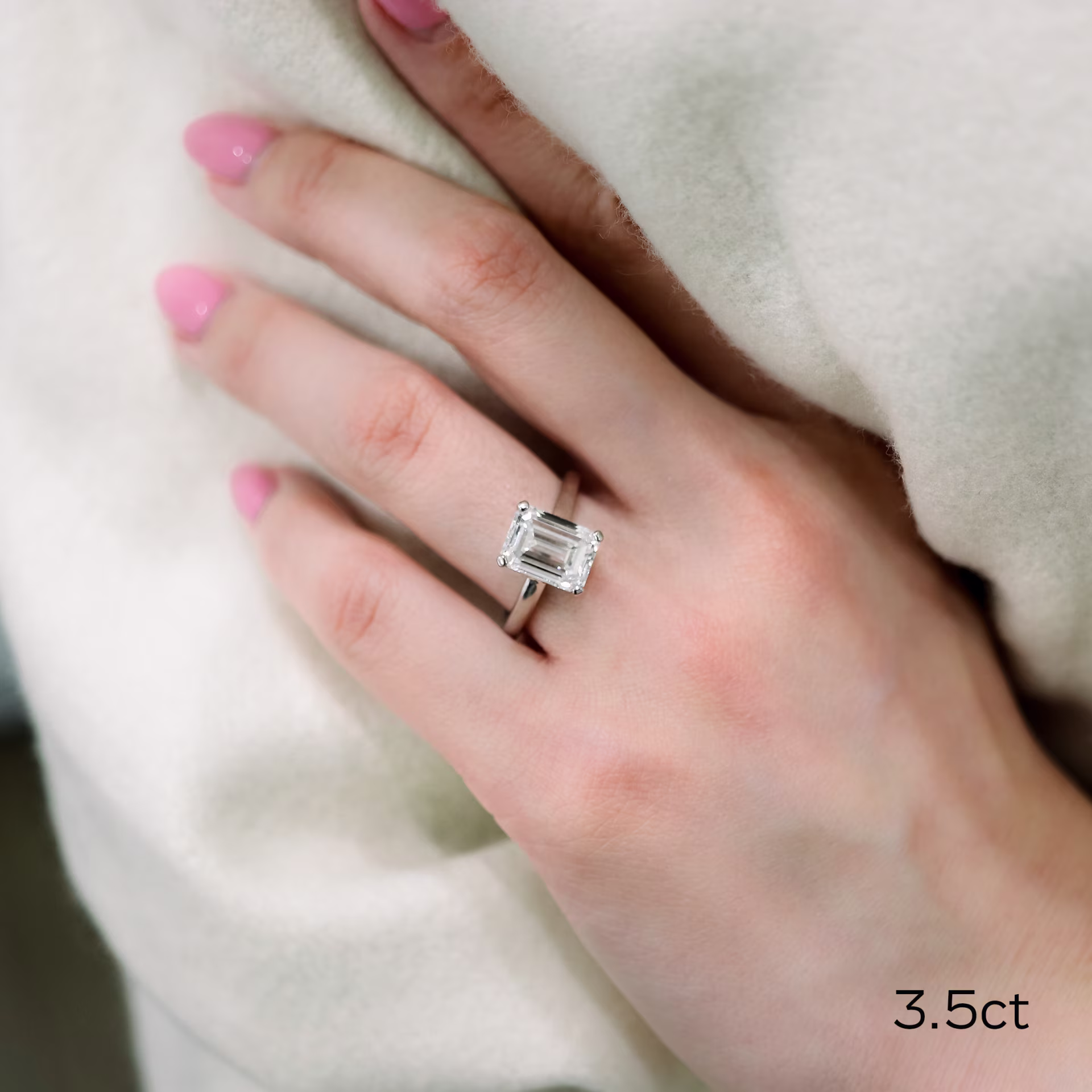 Platinum 3.5ct Emerald Cut Lab Diamond Cathedral Solitaire Engagement Ring Ada Diamonds Design AD-068 on Model