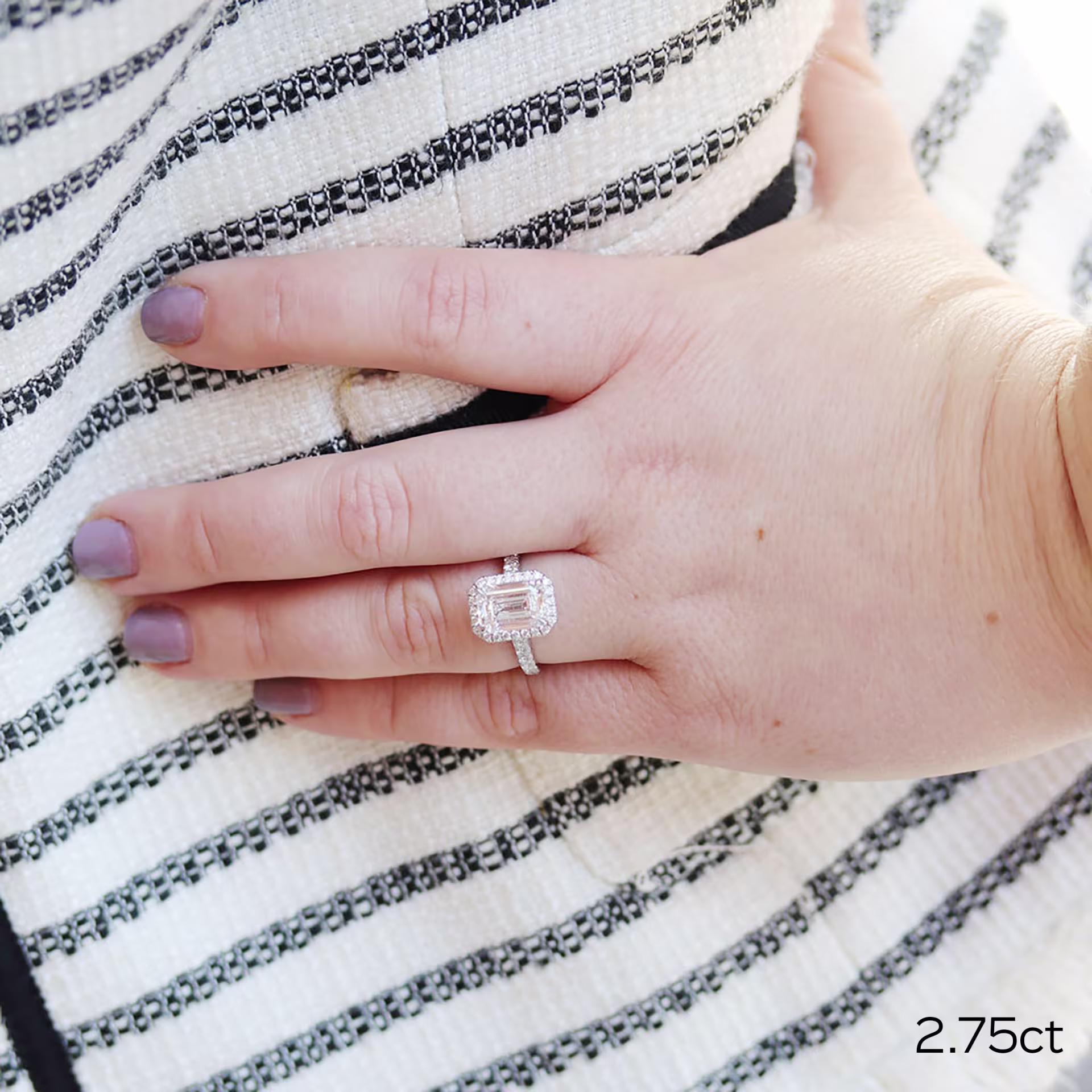 Platinum 2.75 Carat Emerald Cut Engagement Ring with Halo and Diamond Band featuring Lab Diamonds Ada Diamonds Design AD-212 on Model