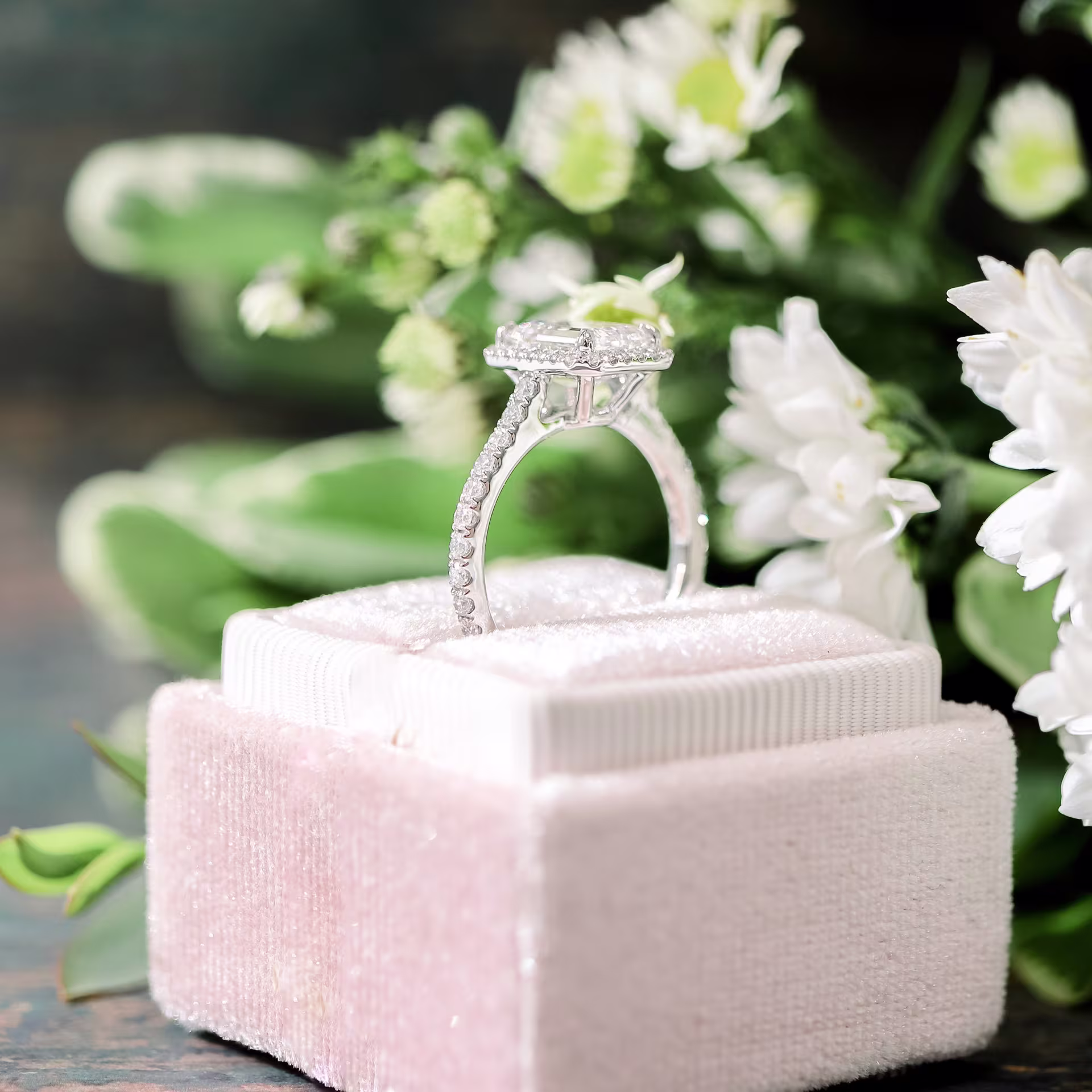 Platinum Emerald Halo Pavé Diamond Engagement Ring featuring High Quality 2.0 Carat Diamonds