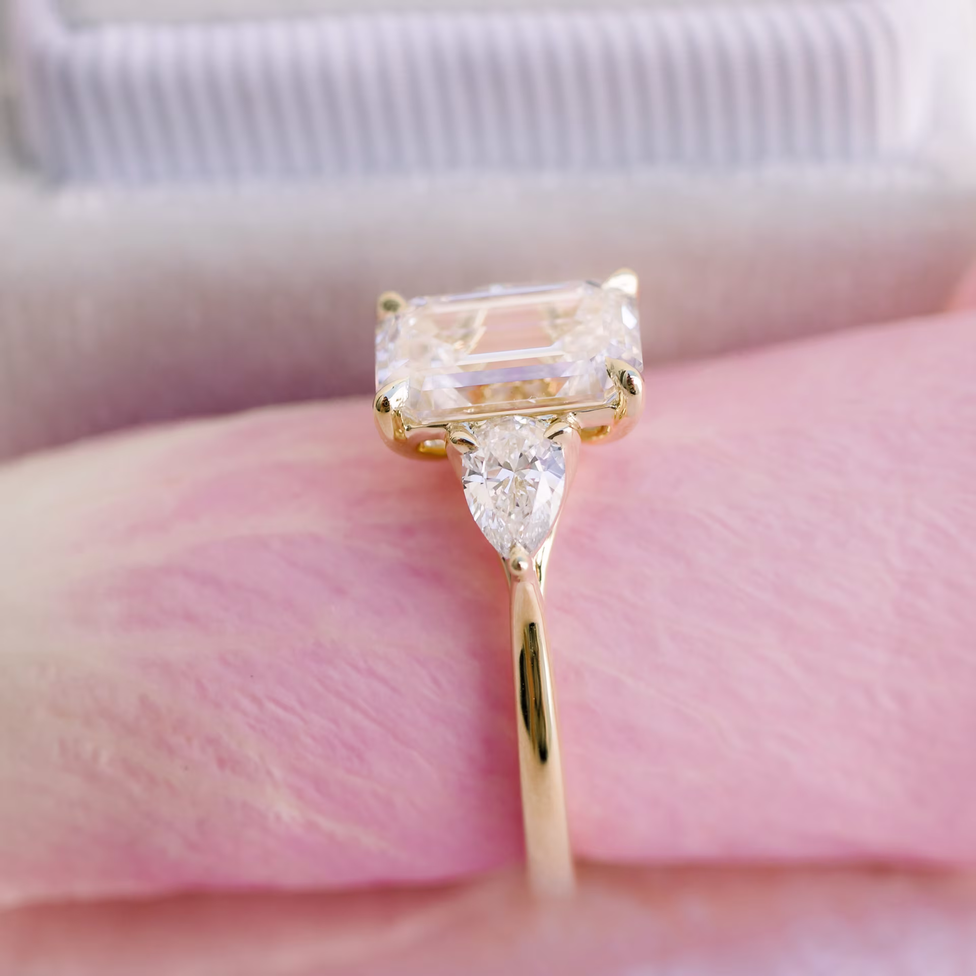 18k Yellow Gold Two Carat Emerald Cut Lab Diamond Ring with Pear Side Stones Ada Diamonds Design AD-467 Side View