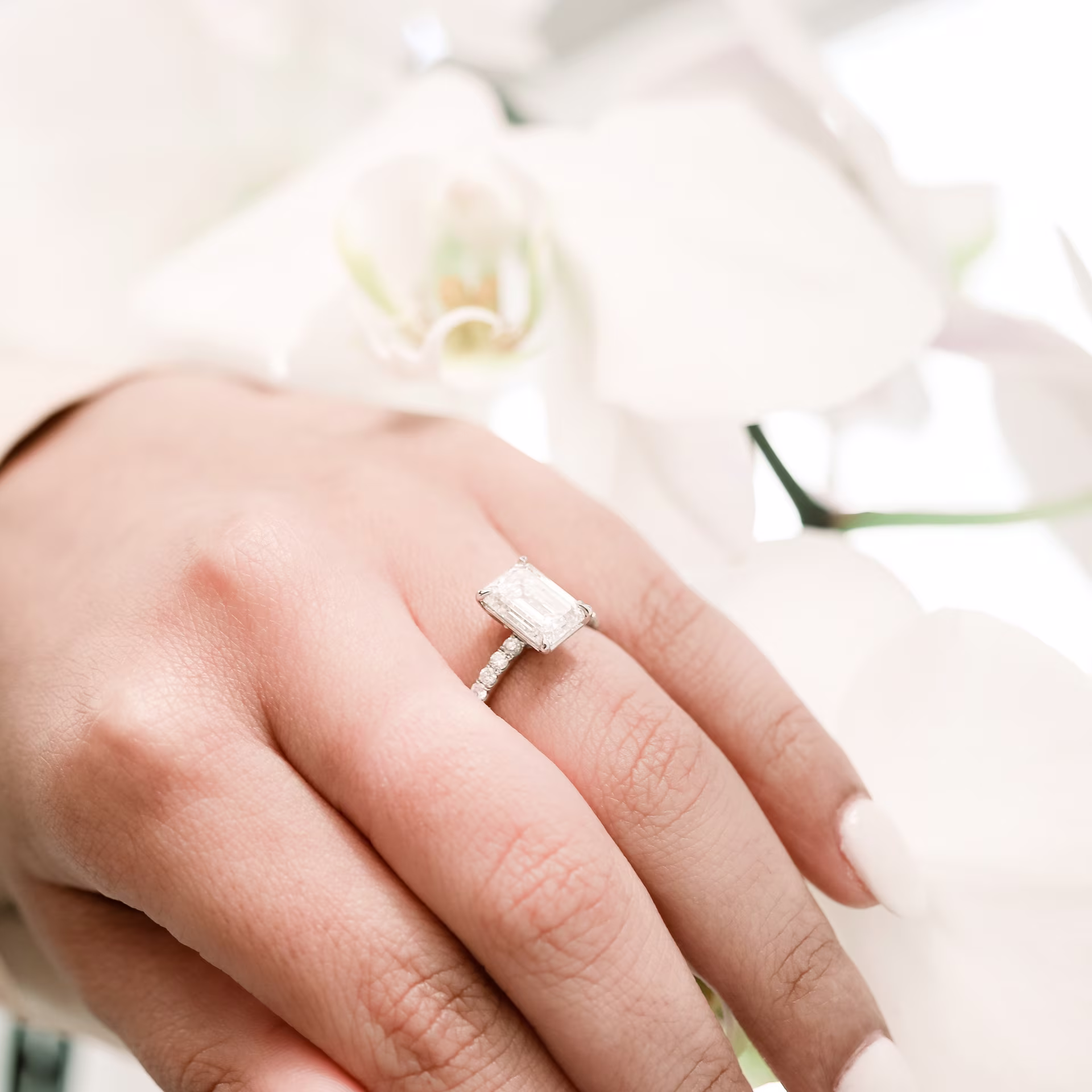 3.5ct emerald petite four prong pave engagement ring made in platinum and made with man made diamonds ADA Diamonds AD design 152