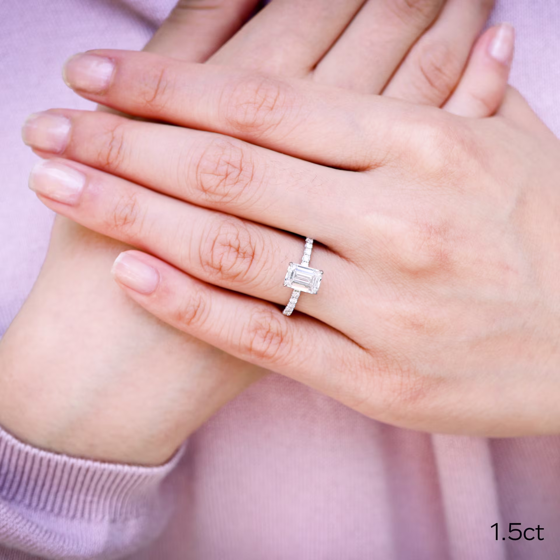 Platinum 2 Carat Emerald Cut Lab Diamond Ring with Diamonds on the Band Ada Diamonds Design AD-152 on Model