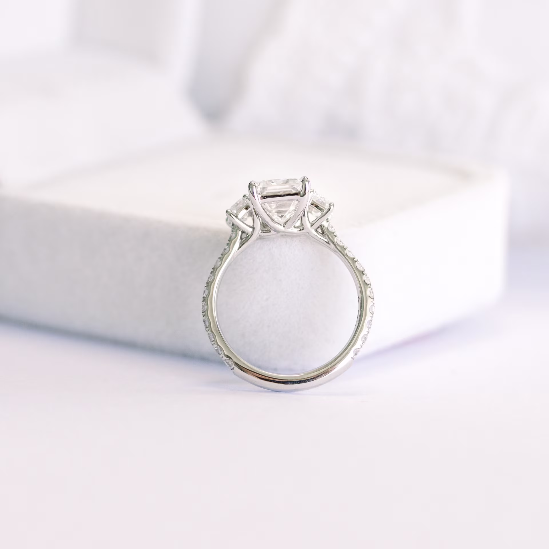 platinum 2.5ct three stone emerald cut pavé lab diamond engagement ring ada diamonds design ad 468 profile