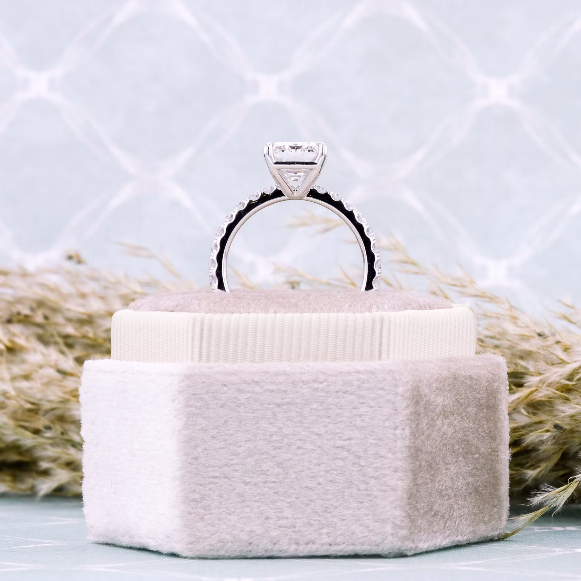 3.5ct emerald petite four prong pave engagement ring made in platinum and made with laboratory grown diamonds ADA Diamonds AD design 152