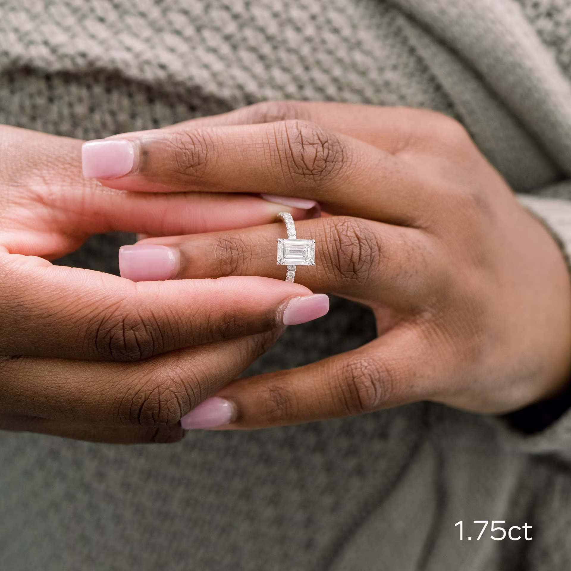 platinum lab created diamond engagement ring with 1.75ct emerald cut center stone and diamond band ada diamonds design ad 152 on model