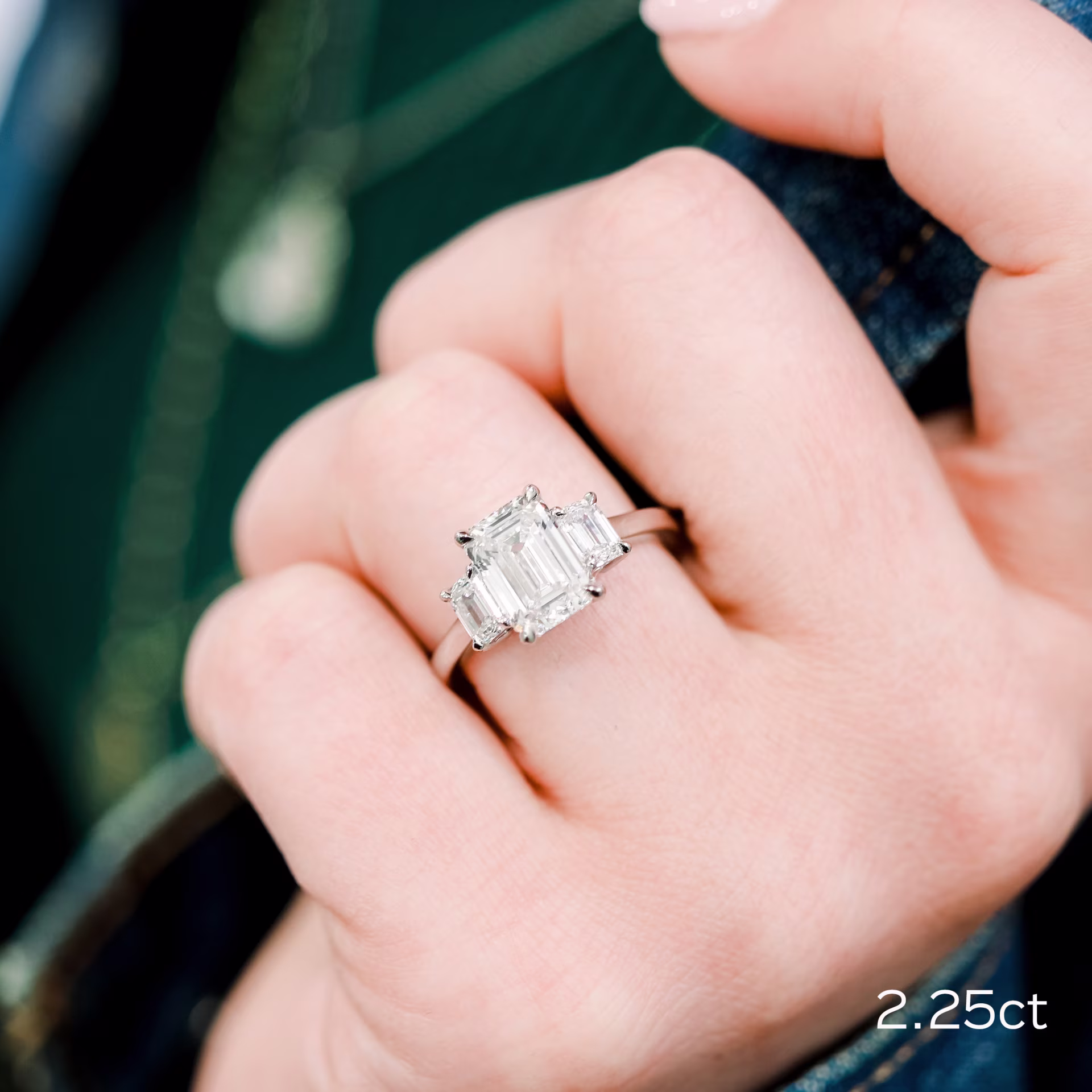 Platinum 3ct Emerald Cut Lab Diamond Three Stone Ring Ada Diamonds Design AD-144 on Model