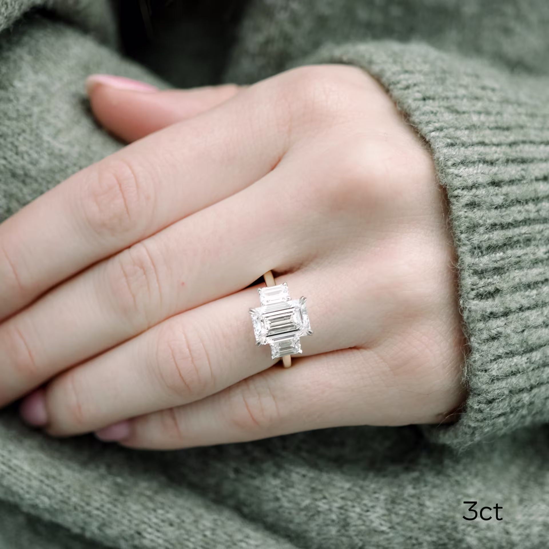 3.5 carat lab grown emerald diamond three stone ring in two tone yellow gold and platinum ada diamonds design ad 114