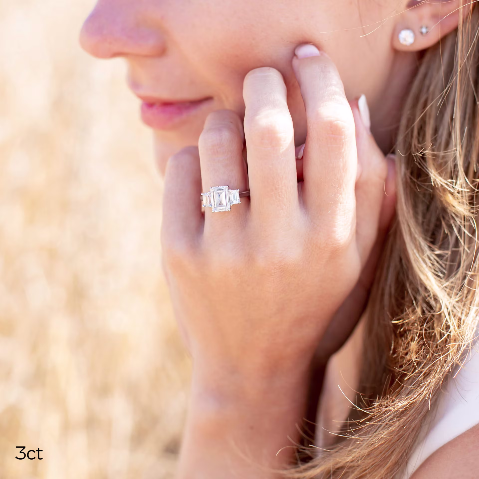 3.25ct lab grown emerald diamond three stone ring