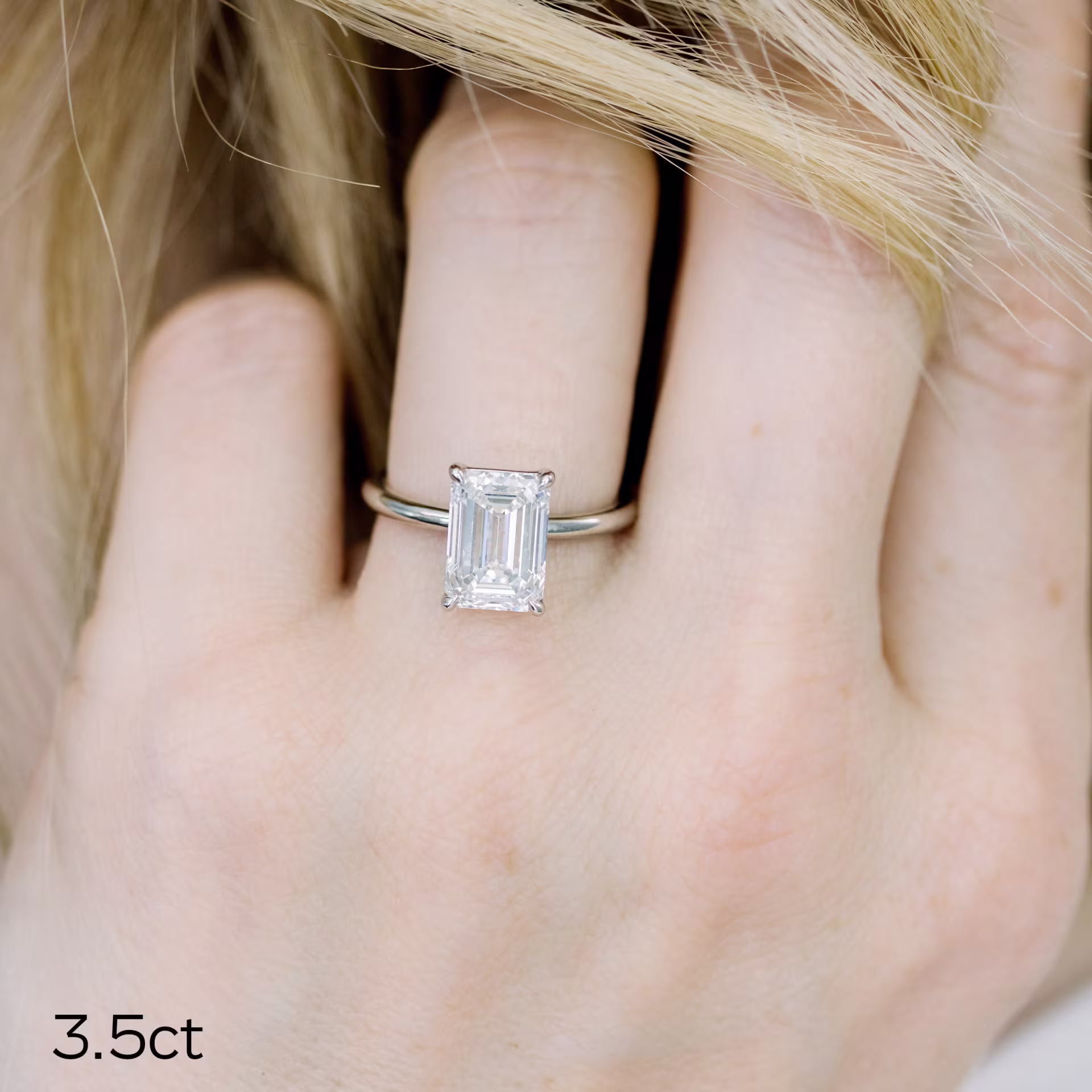 3.5 ct Man Made Diamonds set in 18kt White Gold Emerald Petite Four Prong Solitaire Diamond Engagement Ring (Main View)