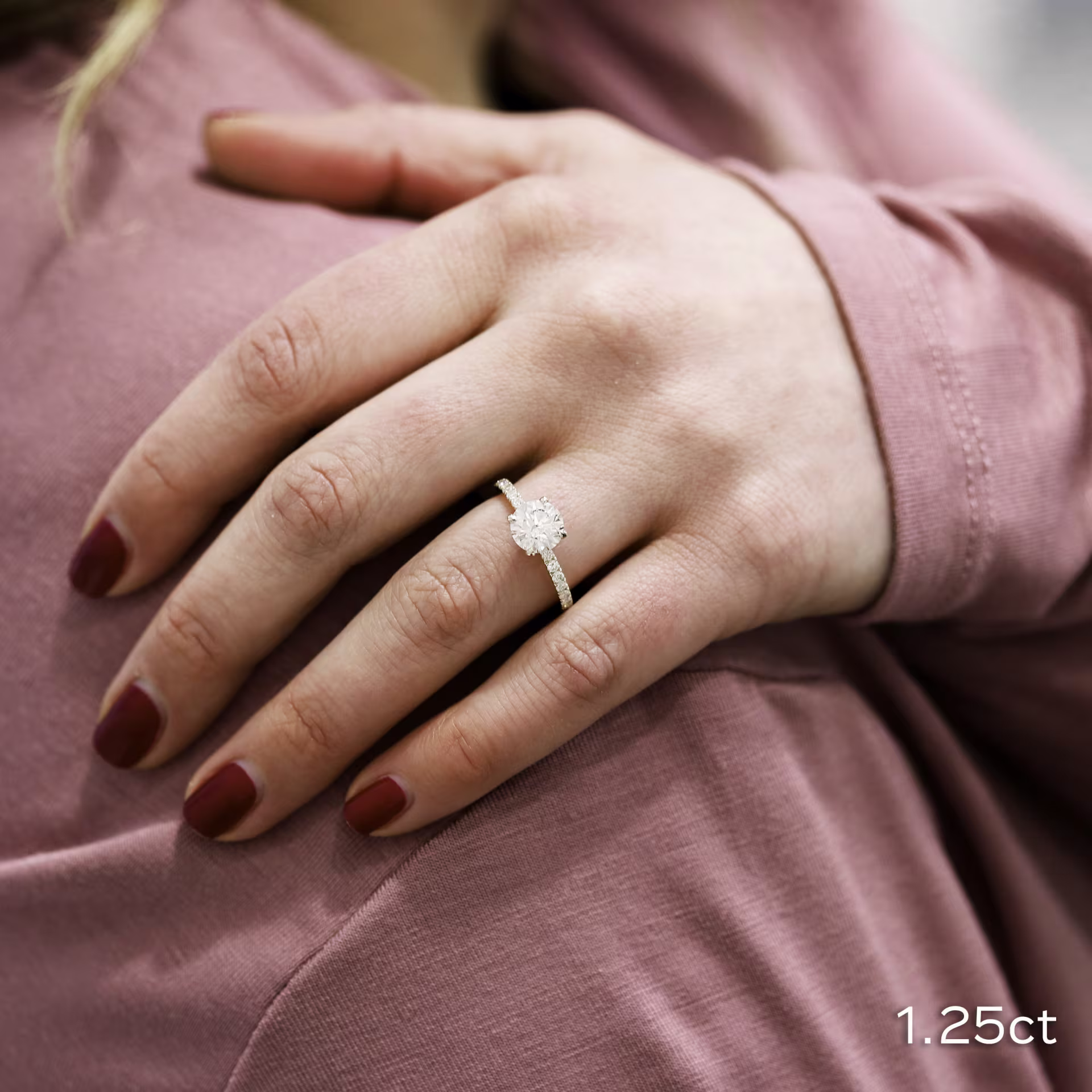 18k White Gold 1.25 Carat Round Four Prong Pavé Man Made Diamond Engagement Ring Diamonds Diamonds Design AD149 on Model