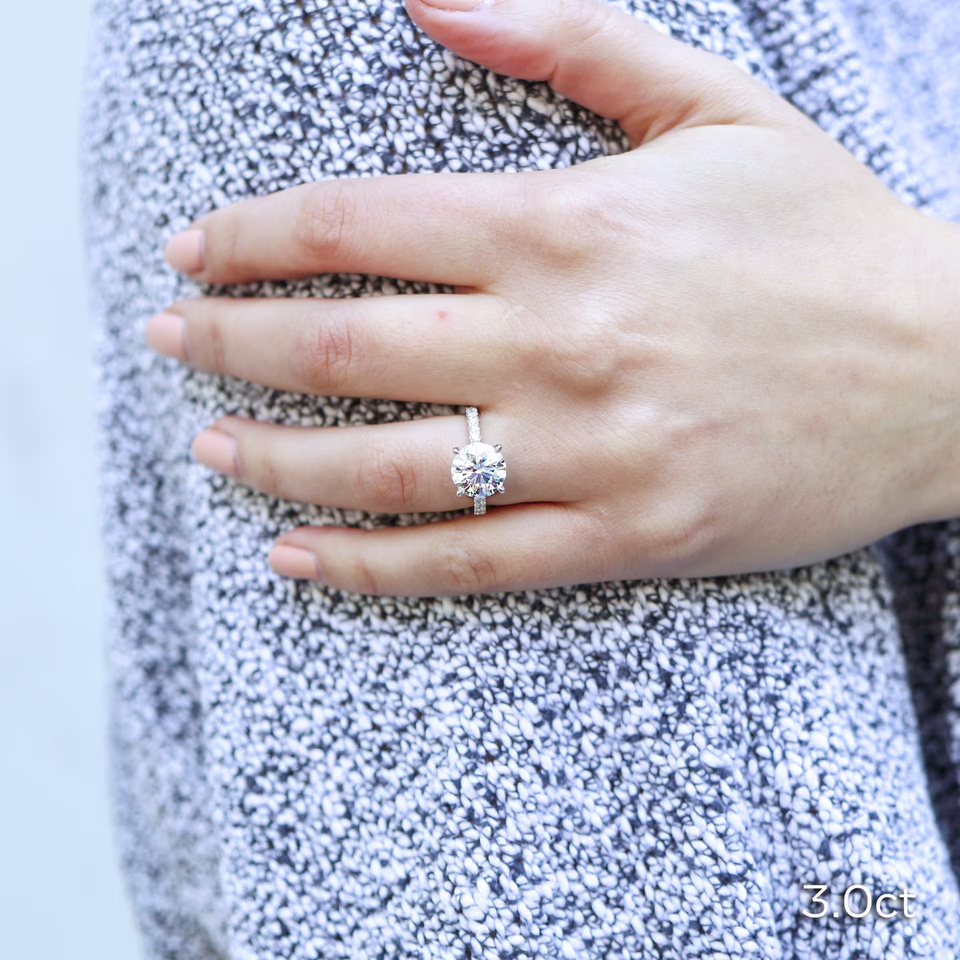 Platinum 3 Carat Lab Diamond Engagement Ring With Diamonds Around The Band and Elevated Center Stone Ada Diamonds Design 149 on Hand