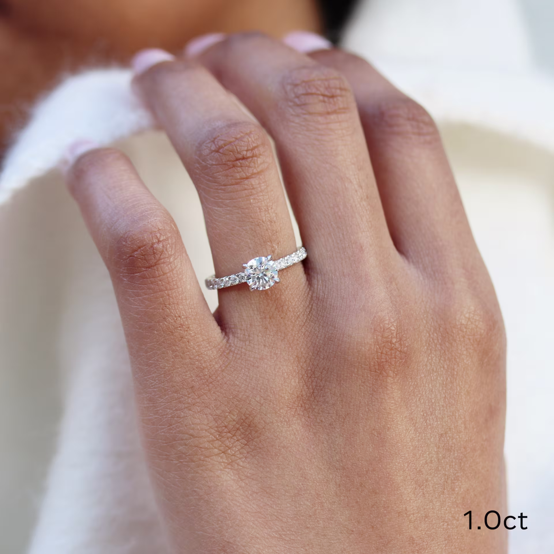 Platinum 1.0 Carat Round Classic Four Prong Pave Setting Lab Diamond Engagement Ring On Model Design AD-149