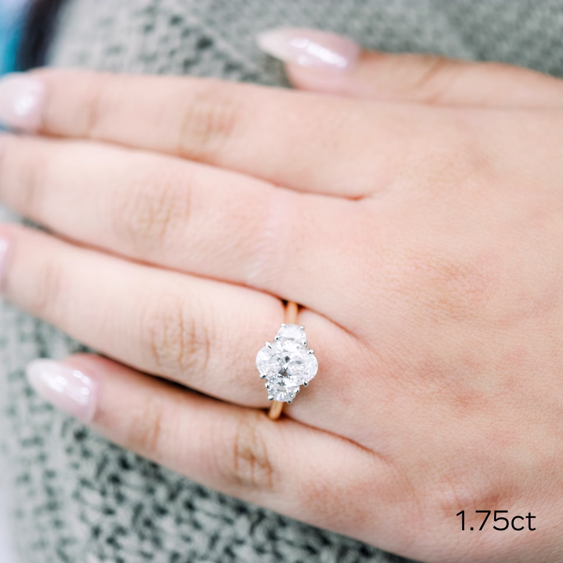 two tone 1.75 ct oval and half moon lab created diamond three stone engagement ring ada diamonds design ad 277 on model