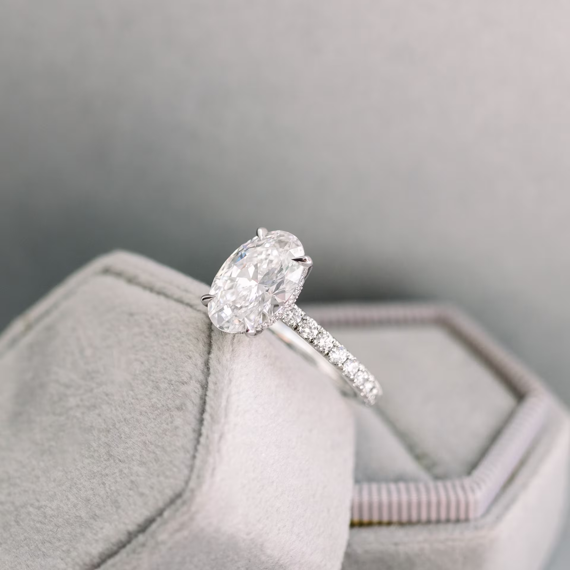 platinum 3ct oval petite four prong pavé engagement ring with hidden halo ada diamonds design 230 side view