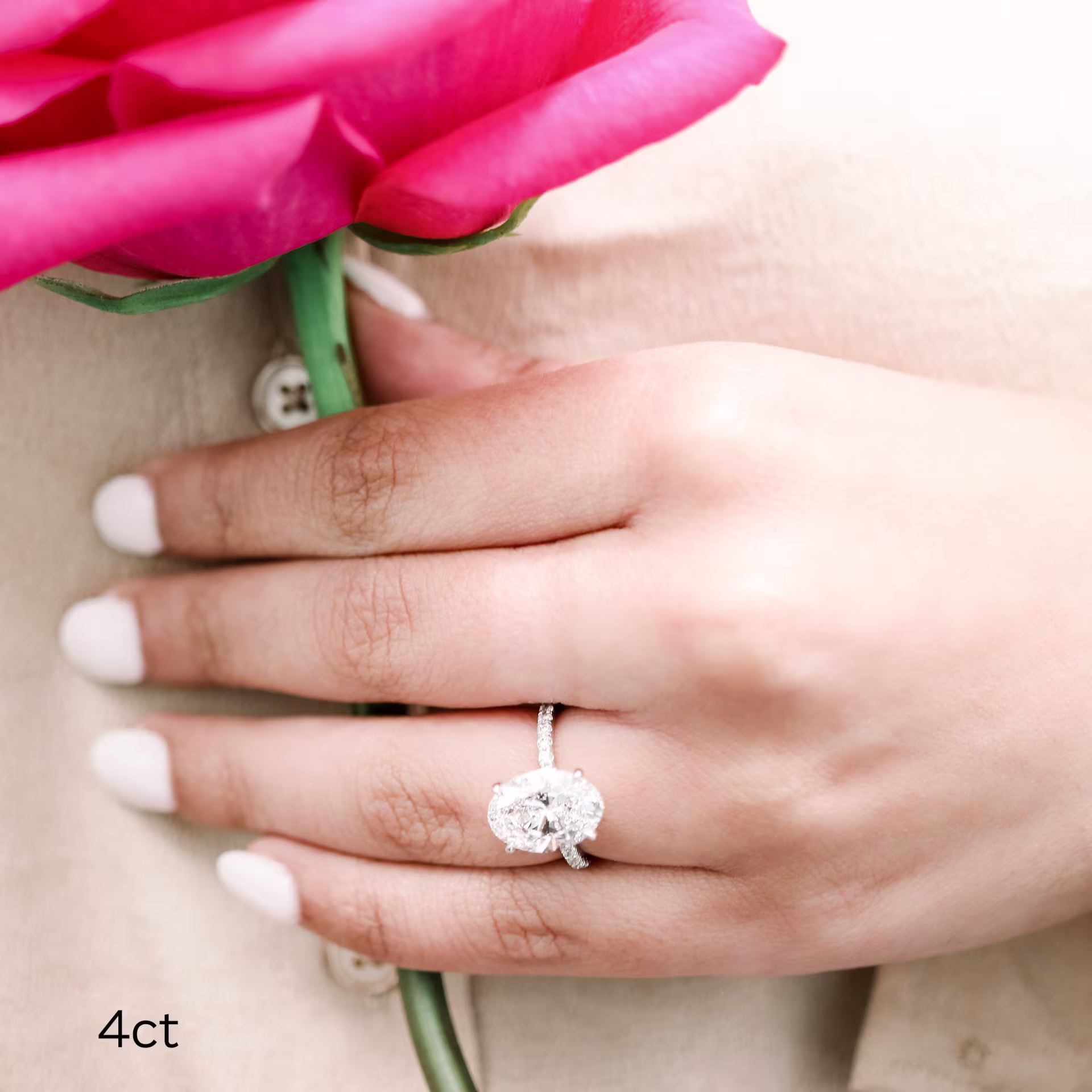 platinum 4 carat oval cut lab created diamond petite pavé engagement ring ada diamonds design ad 230 on model