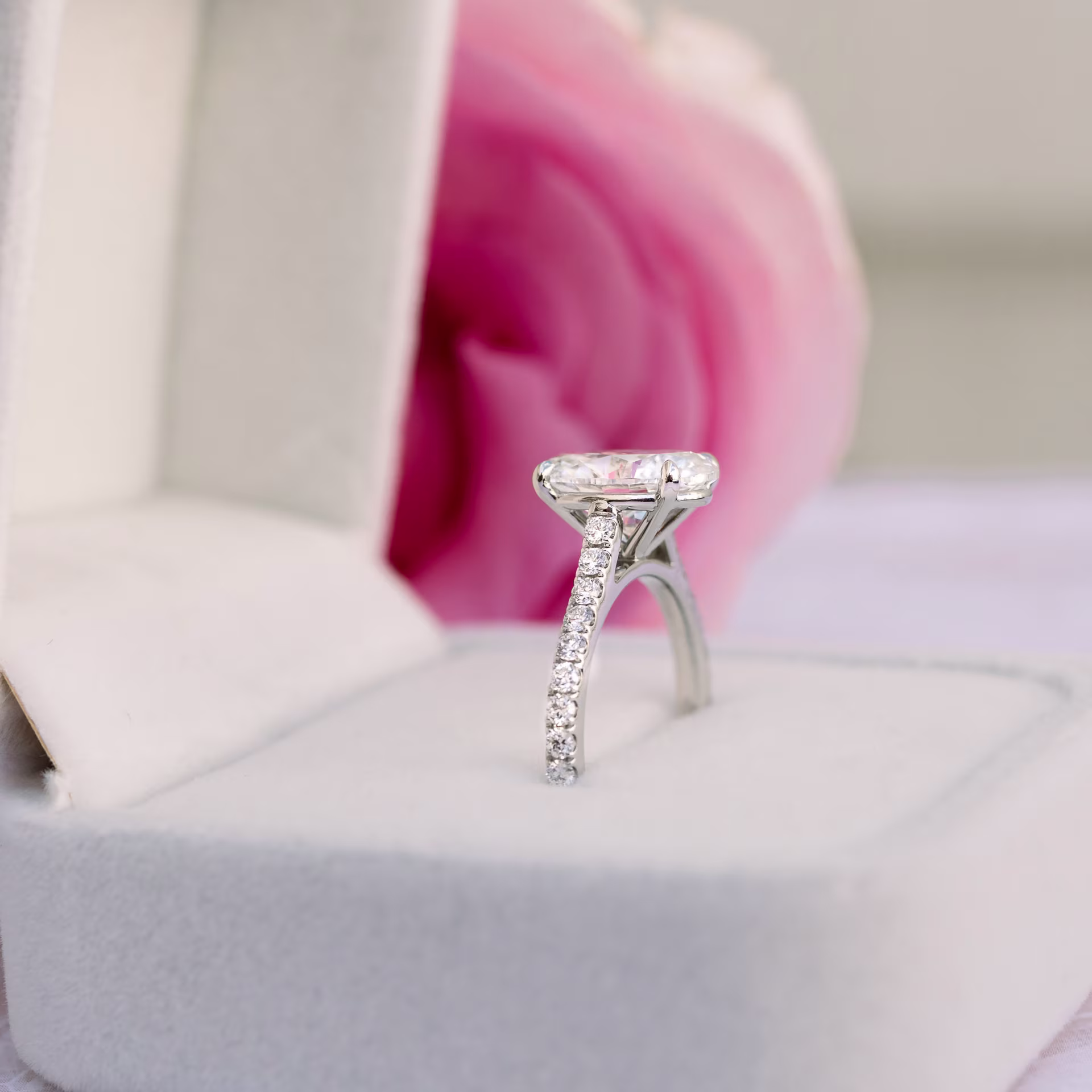 2.25 ctw Created Diamonds set in Platinum Oval Cathedral Pavé Setting (Profile View)