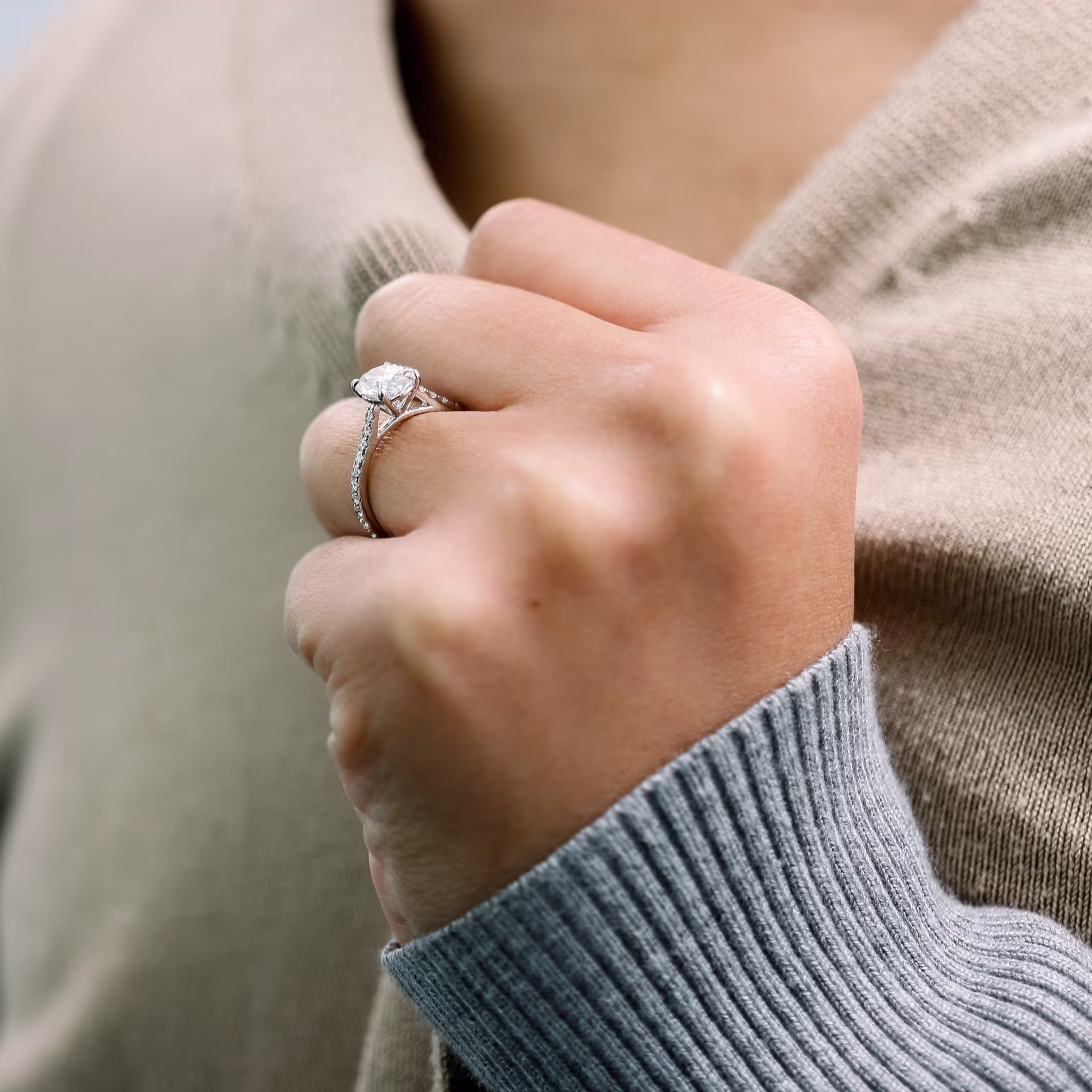Oval Cathedral Pavé Setting featuring Hand Selected Lab Diamonds (Profile View)