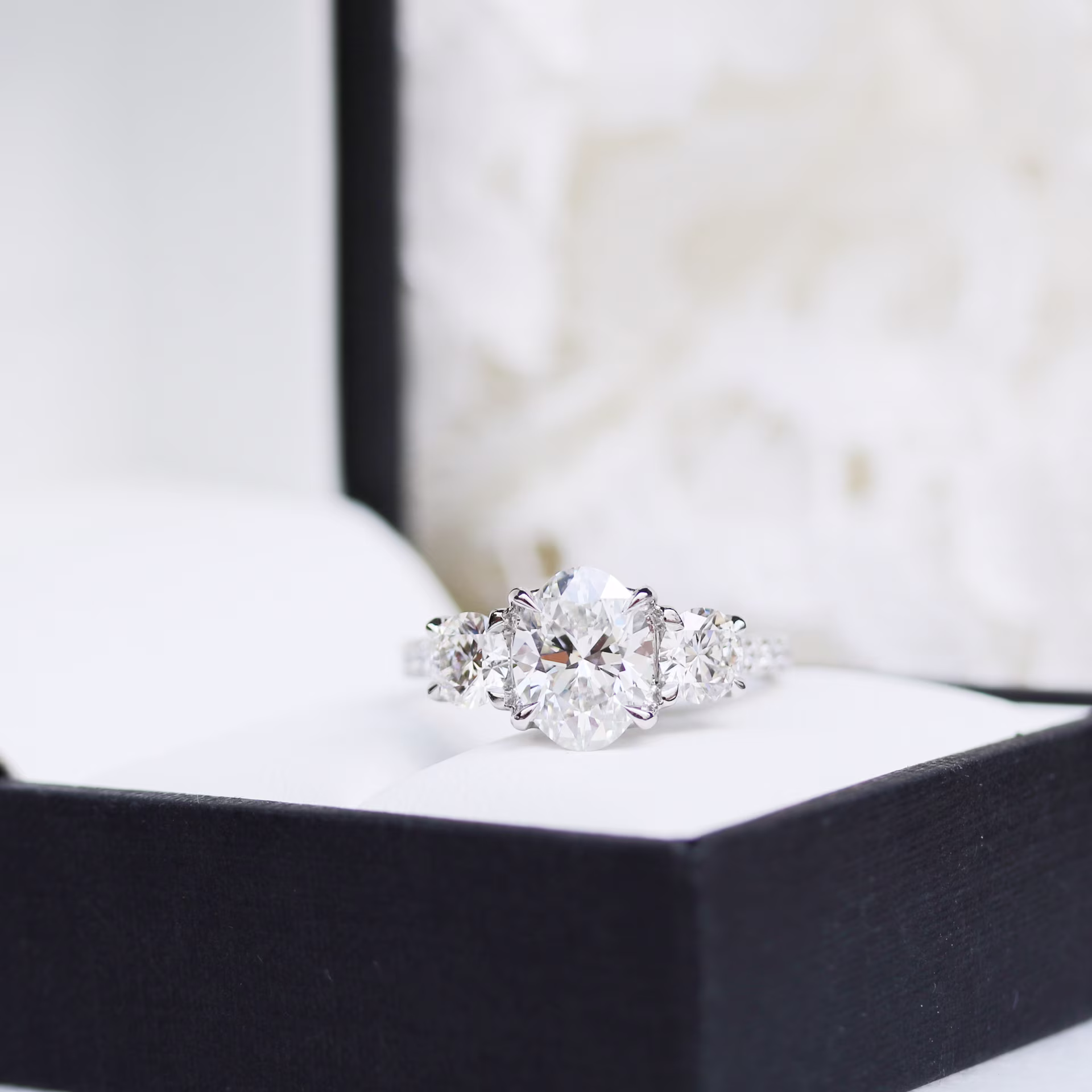 lab grown diamond oval three stone pave engagement ring