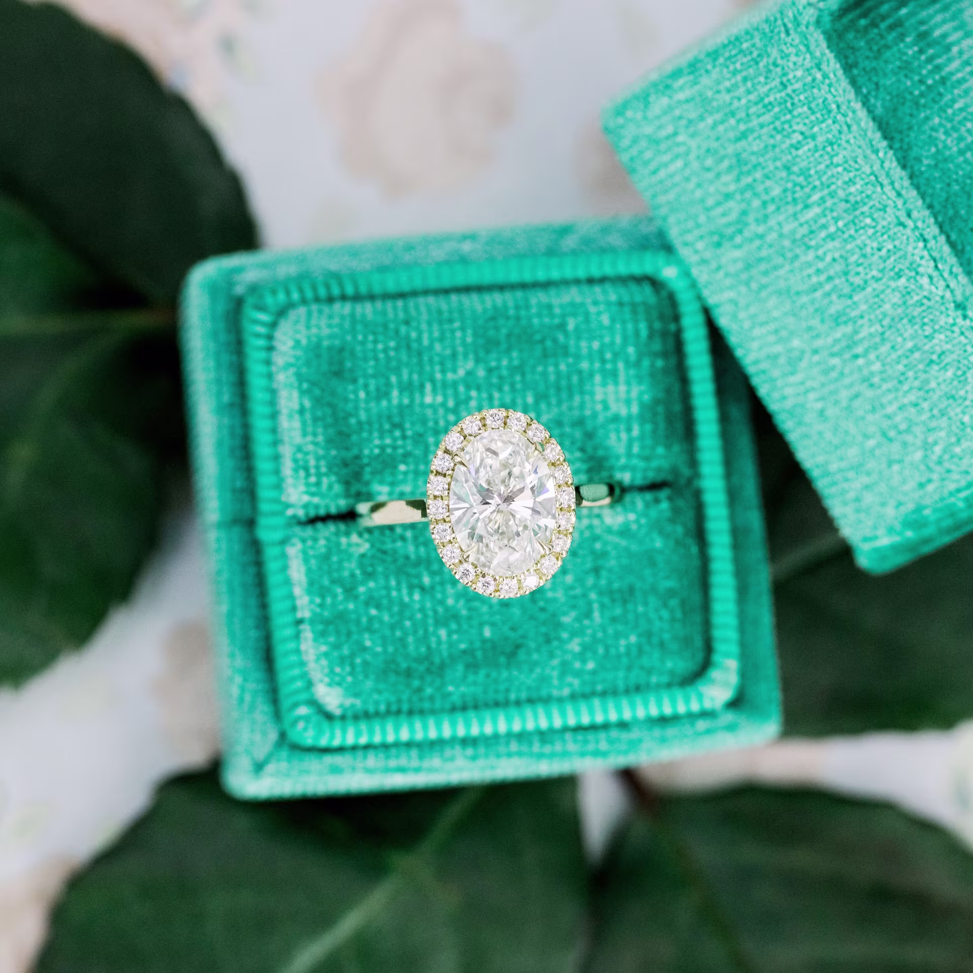 18k Yellow Gold lab grown oval diamond engagement ring with Halo Ada Diamonds Design AD-416 Macro