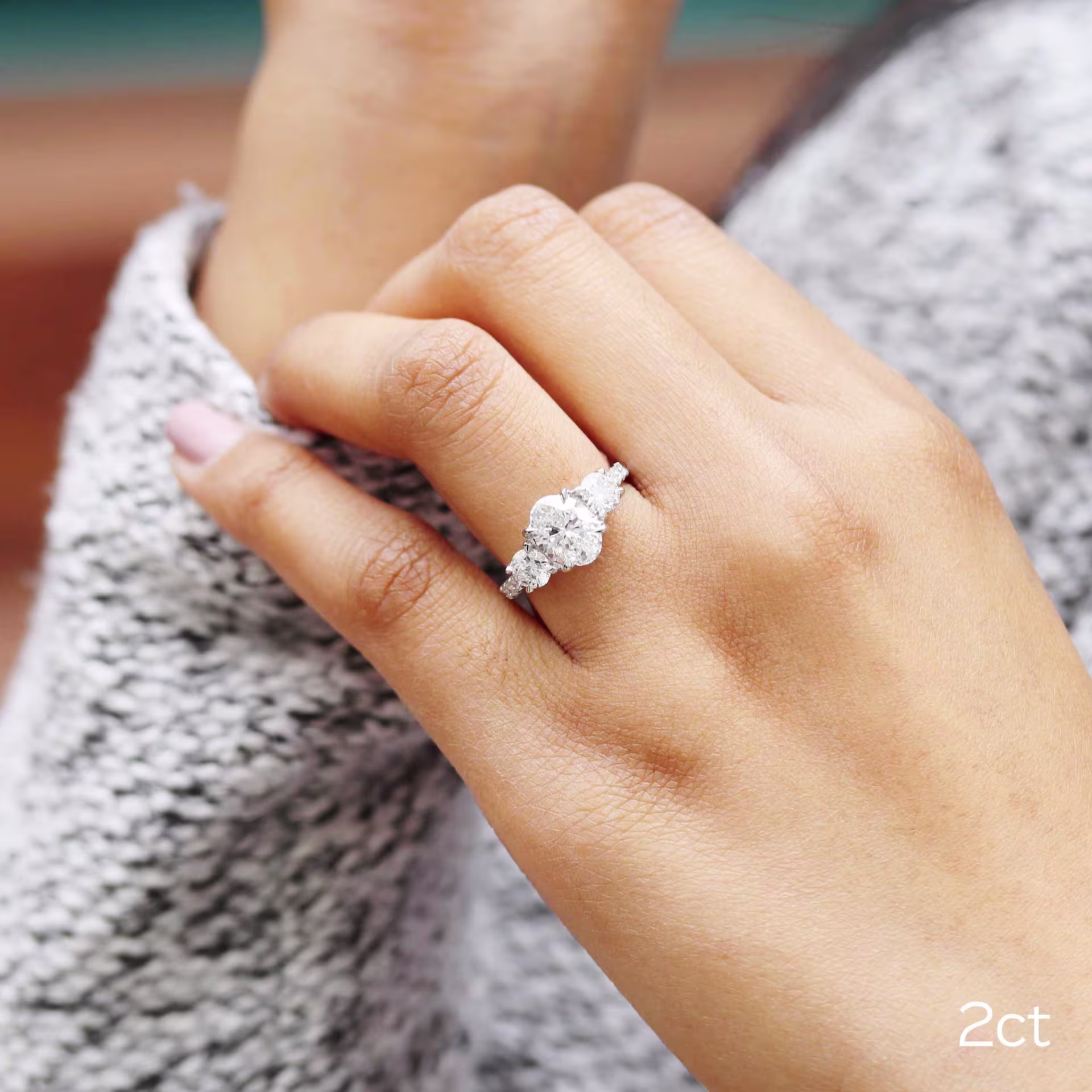 2ct lab grown diamond oval three stone pave custom engagement ring in platinum