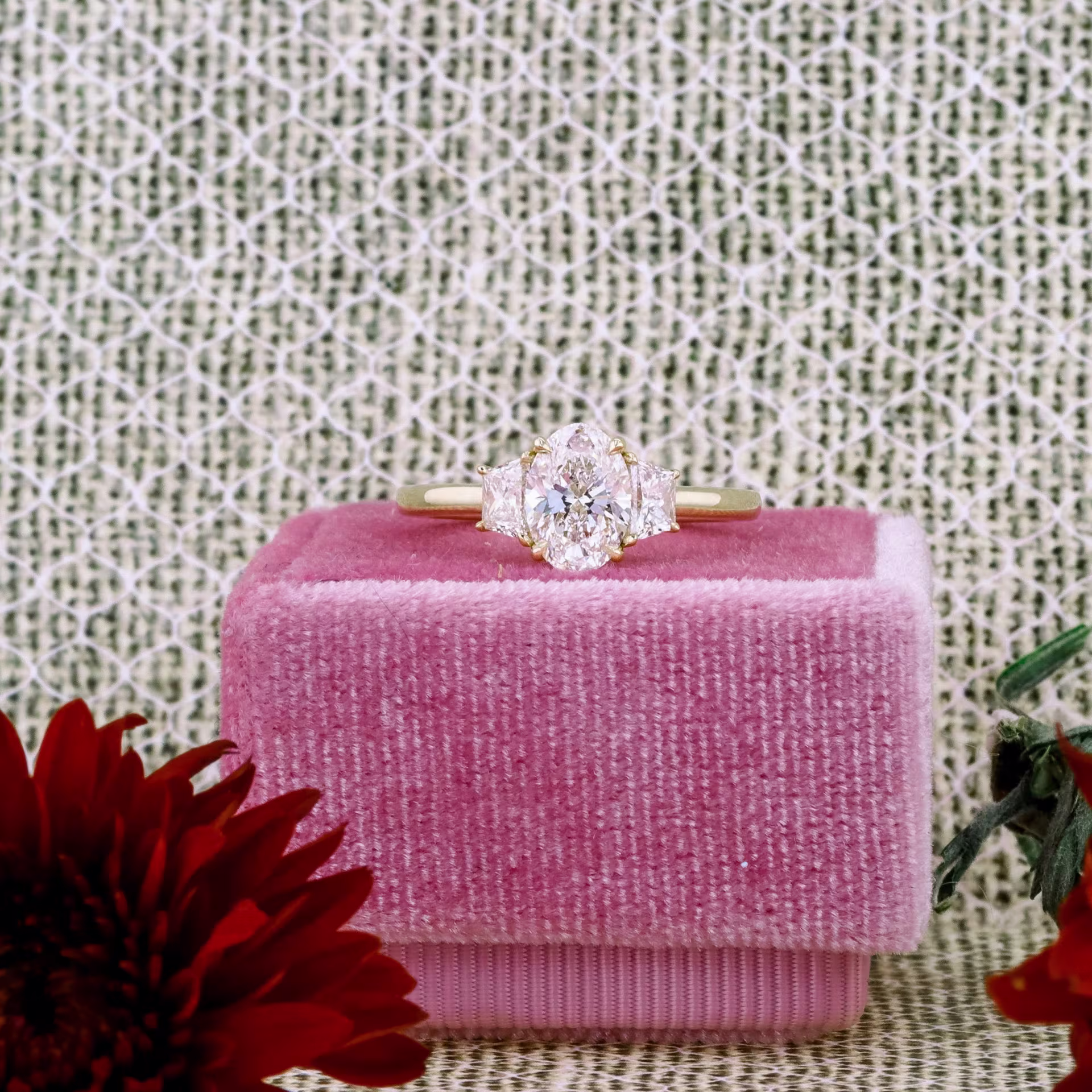 14k yellow gold oval and trapezoid three stone lab diamond engagement ring ada diamonds design ad 462 macro