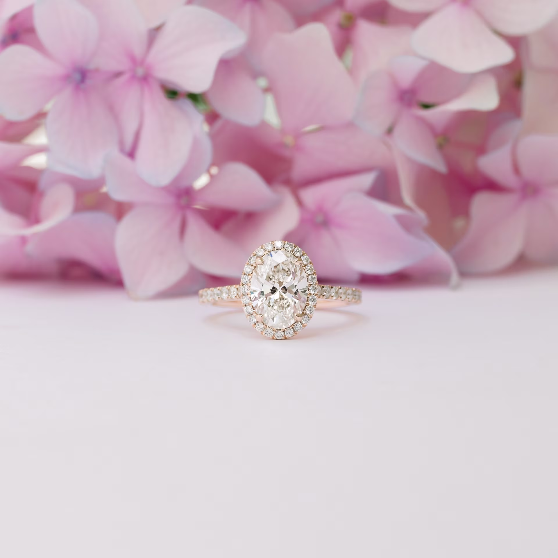 rose gold oval lab diamond engagement ring with halo and diamond band ada diamonds design ad303