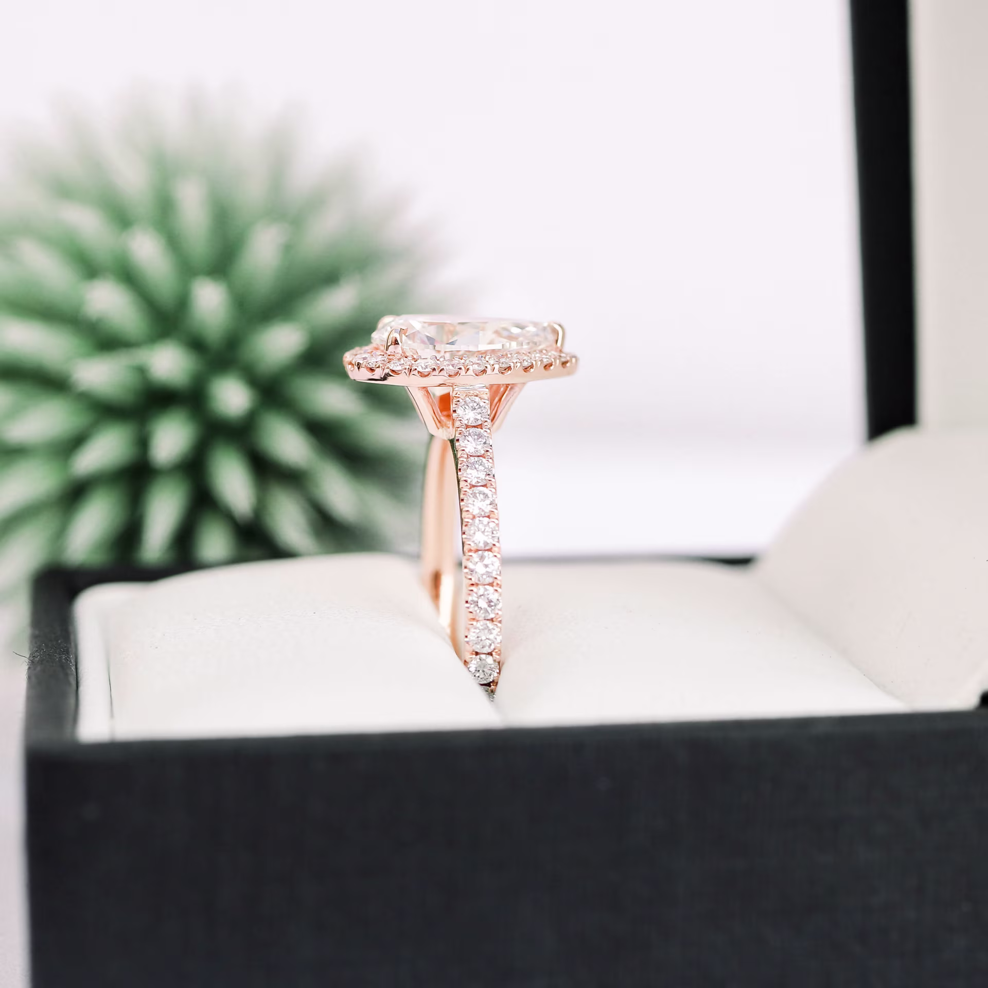 14k Rose Gold Pear Cut Manmade Diamond Halo Ring with Diamond Band Ada Diamonds Design AD-304 Profile View