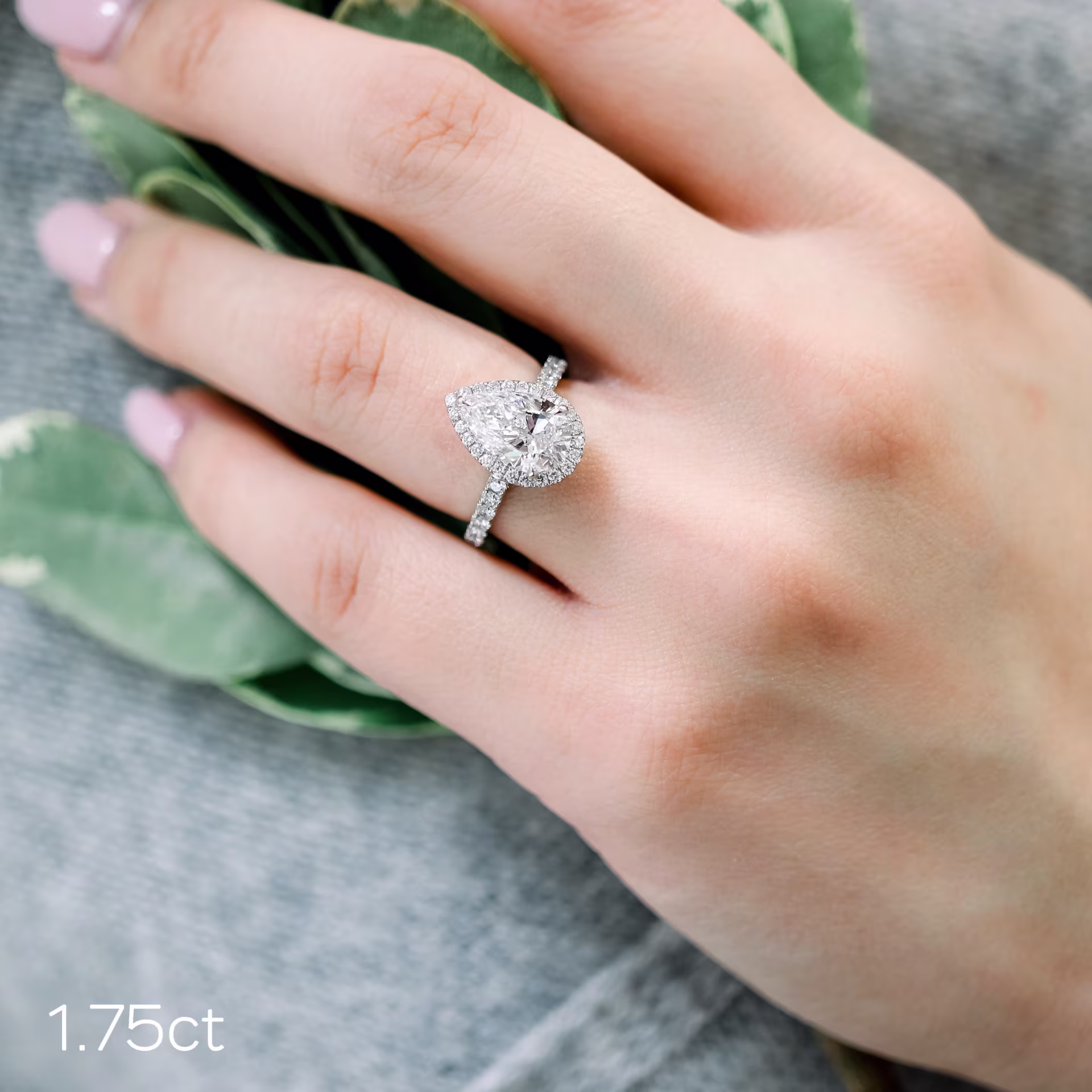 1.75ct pear lab diamond in platinum halo setting